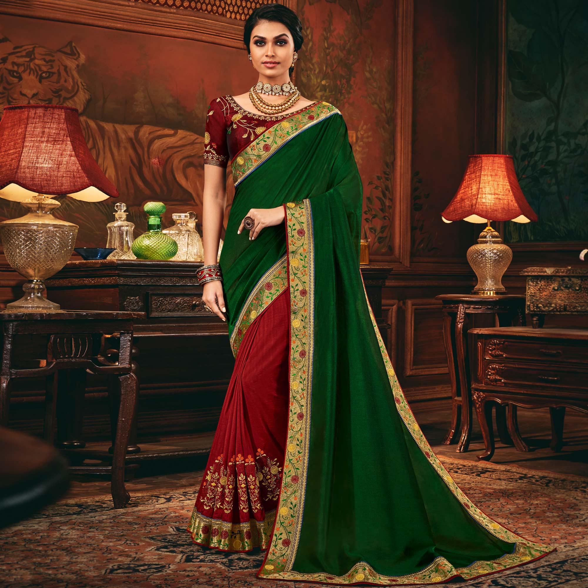 Green - Red Festive Wear Woven Silk Half Half Saree - Peachmode