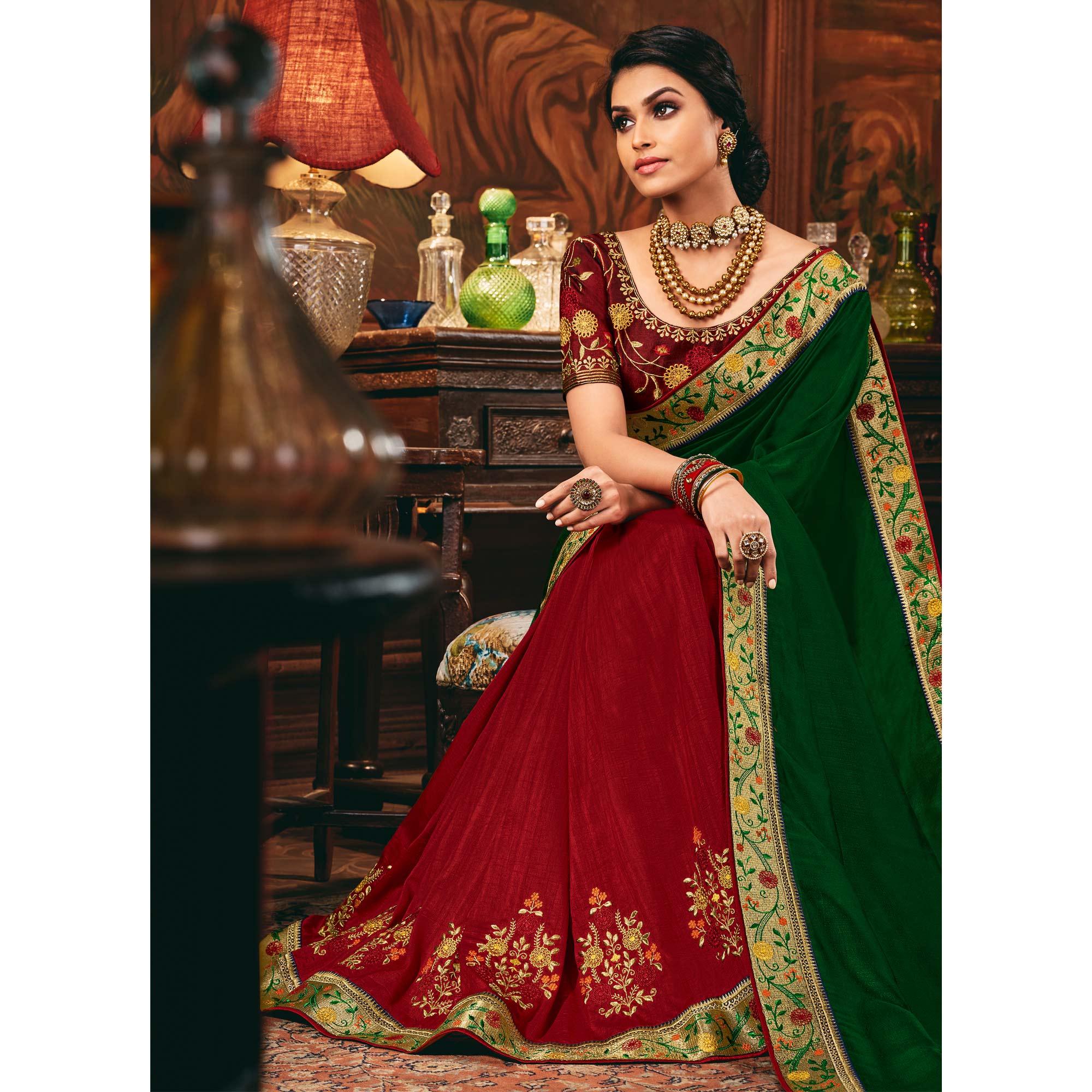 Green - Red Festive Wear Woven Silk Half Half Saree - Peachmode