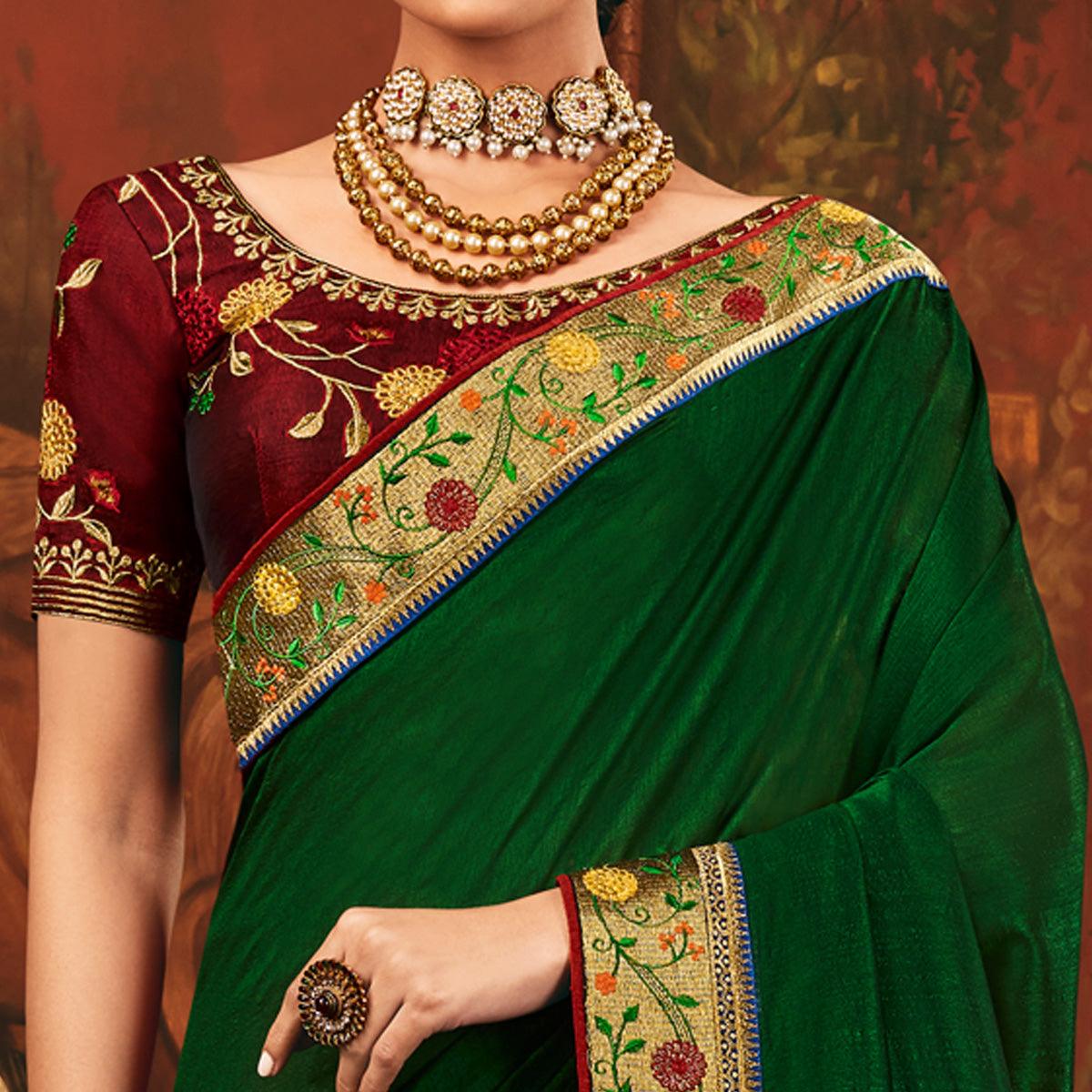Green - Red Festive Wear Woven Silk Half Half Saree - Peachmode