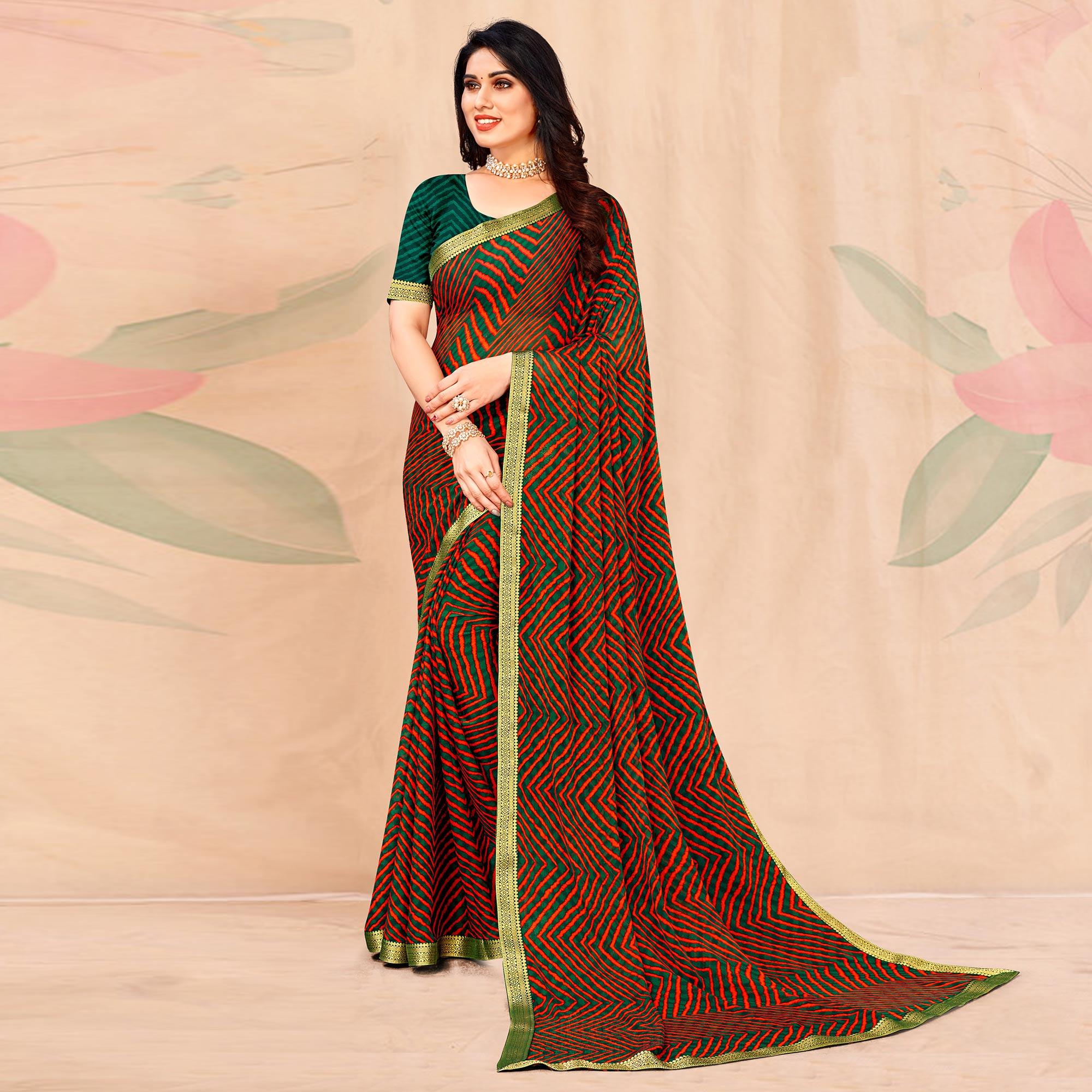 Green-Red Geometric Printed Chiffon Saree - Peachmode