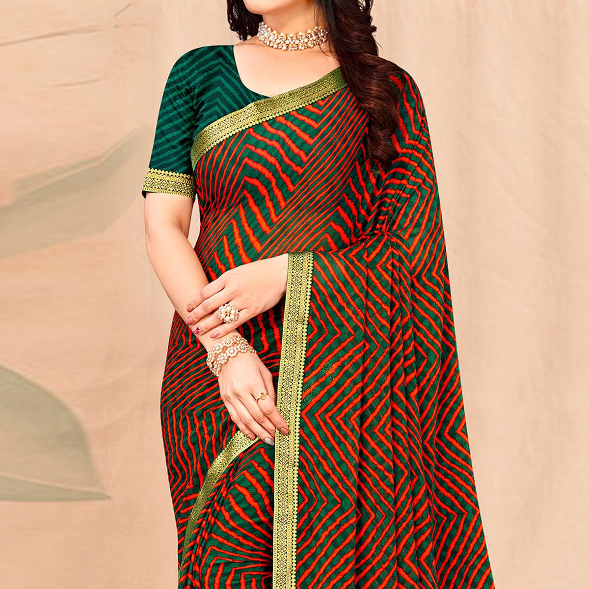 Green-Red Geometric Printed Chiffon Saree - Peachmode