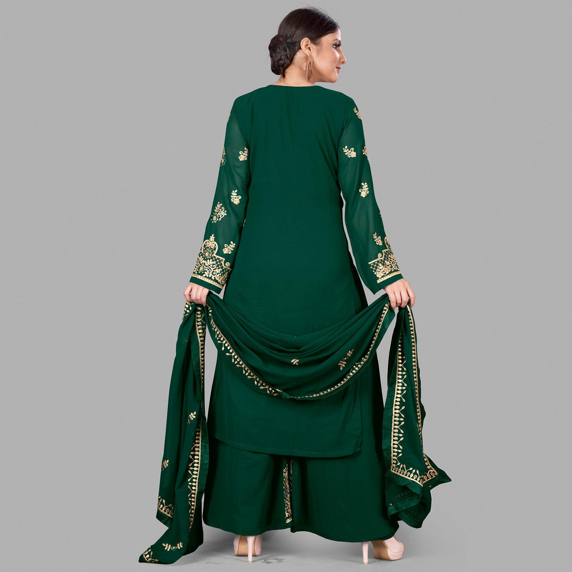 Green Semi Party Wear Embroidered Heavy Georgette Palazzo Suit - Peachmode