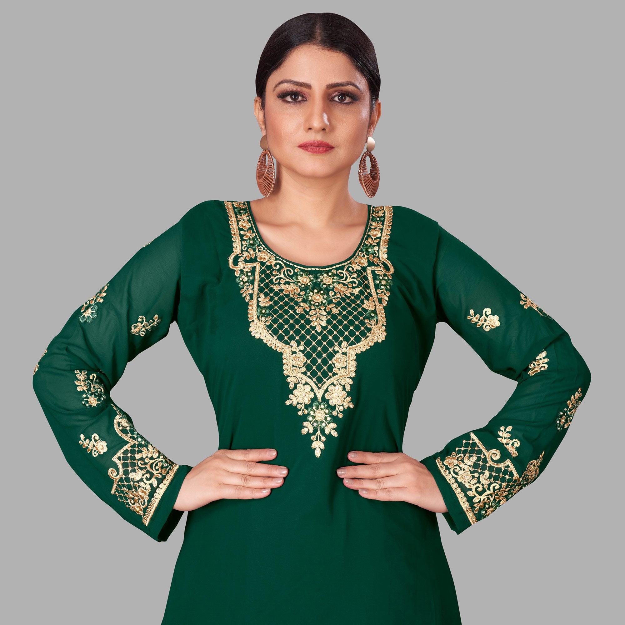 Green Semi Party Wear Embroidered Heavy Georgette Palazzo Suit - Peachmode