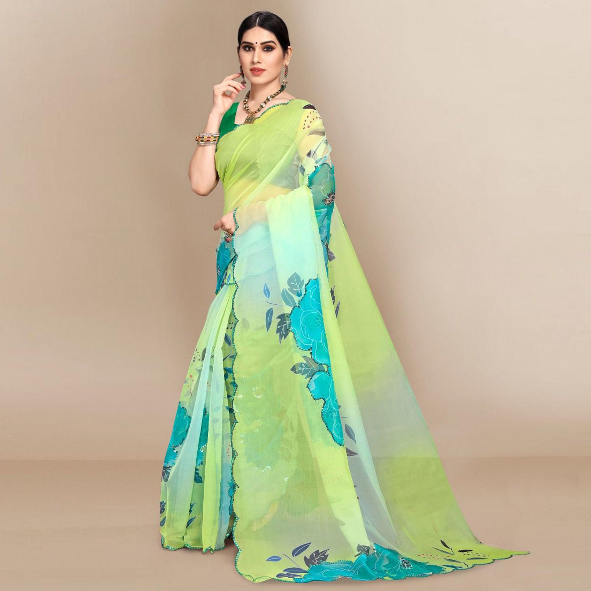 Green Sequence & Printed Organza Saree - Peachmode