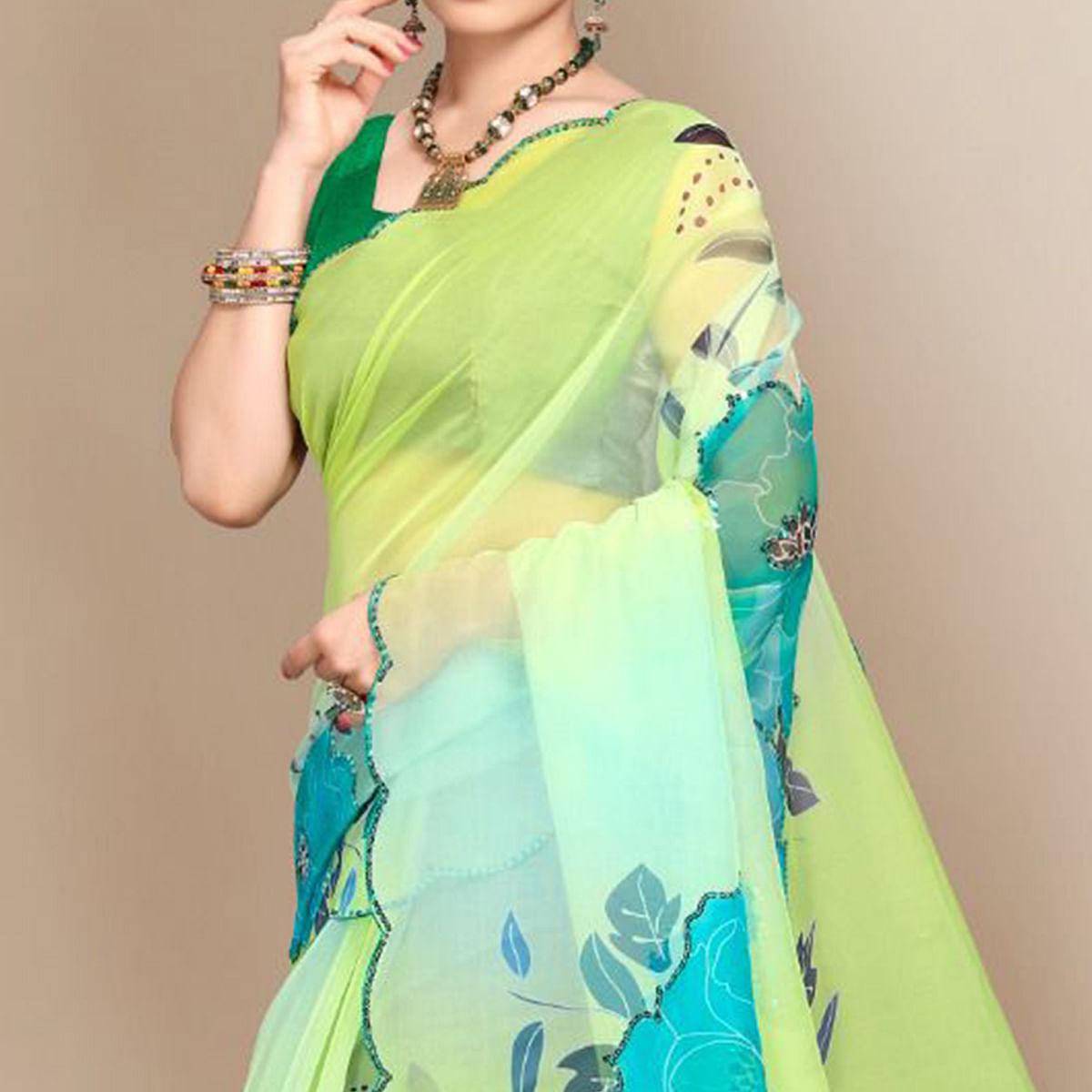 Green Sequence & Printed Organza Saree - Peachmode
