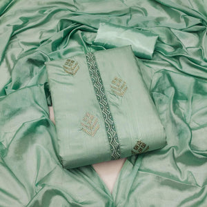 Green Sequence Embroidered Art Silk Dress Material - Peachmode