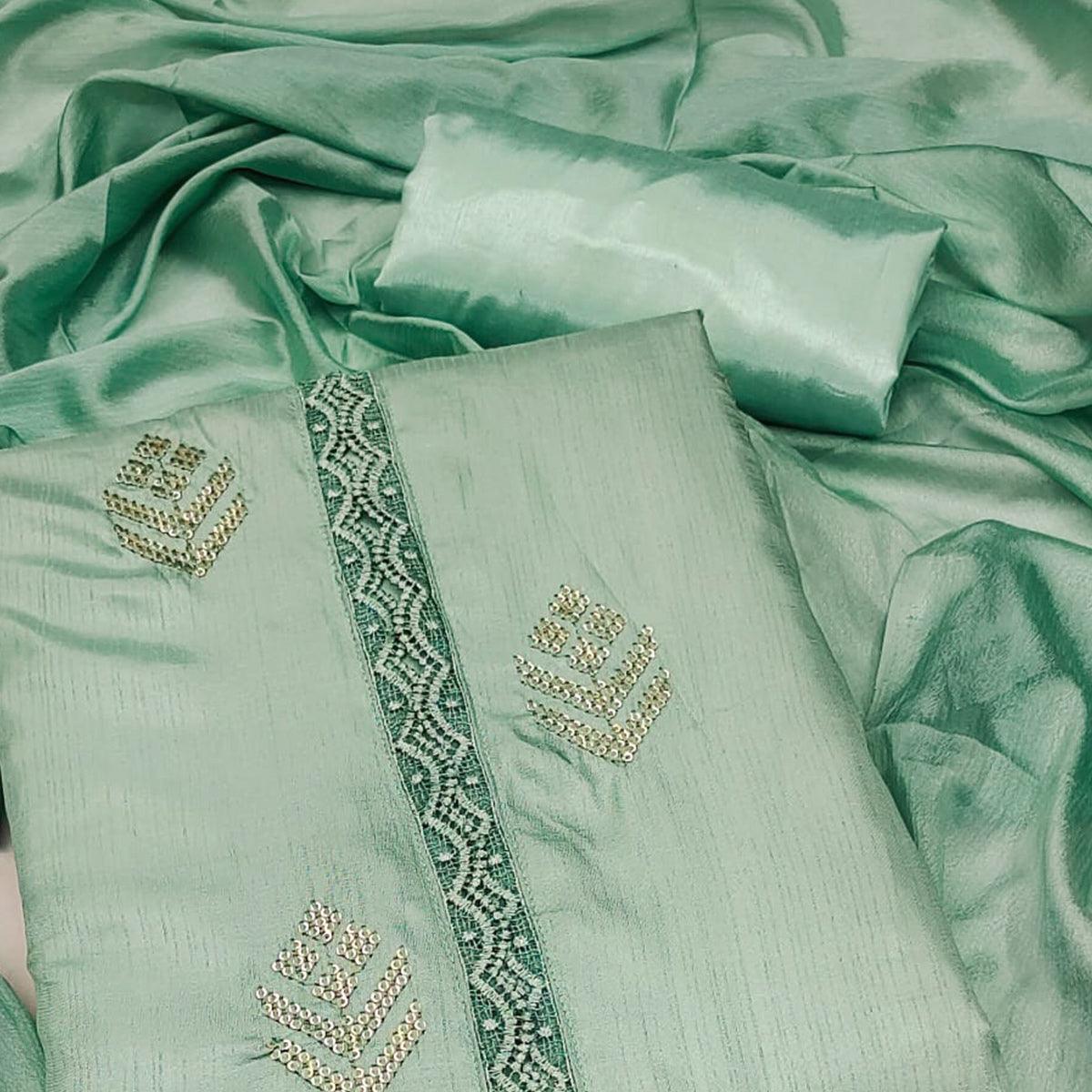 Green Sequence Embroidered Art Silk Dress Material - Peachmode