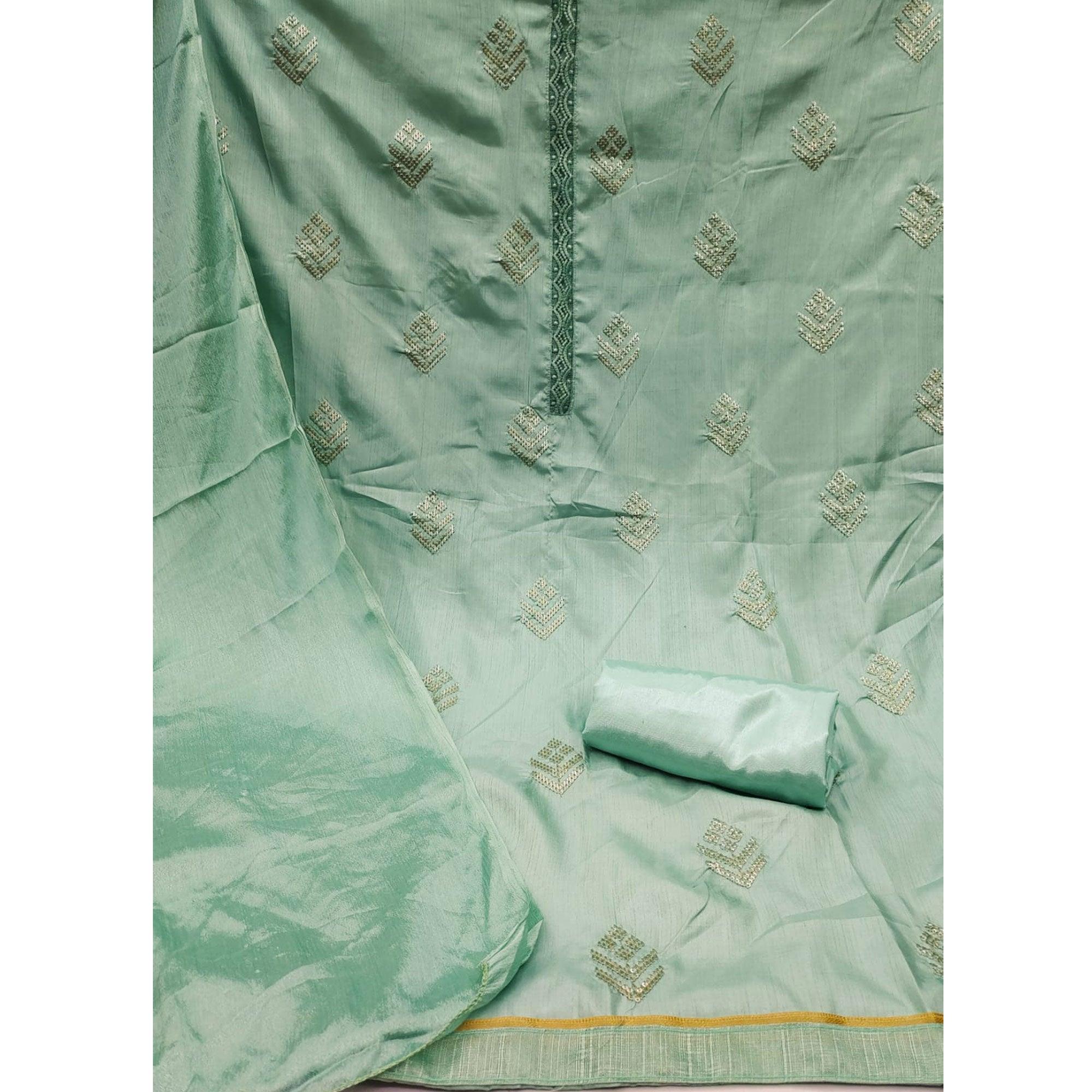 Green Sequence Embroidered Art Silk Dress Material - Peachmode