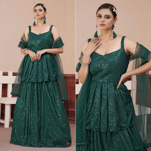 Green Sequence Embroidered Art Silk Lehenga Choli - Peachmode