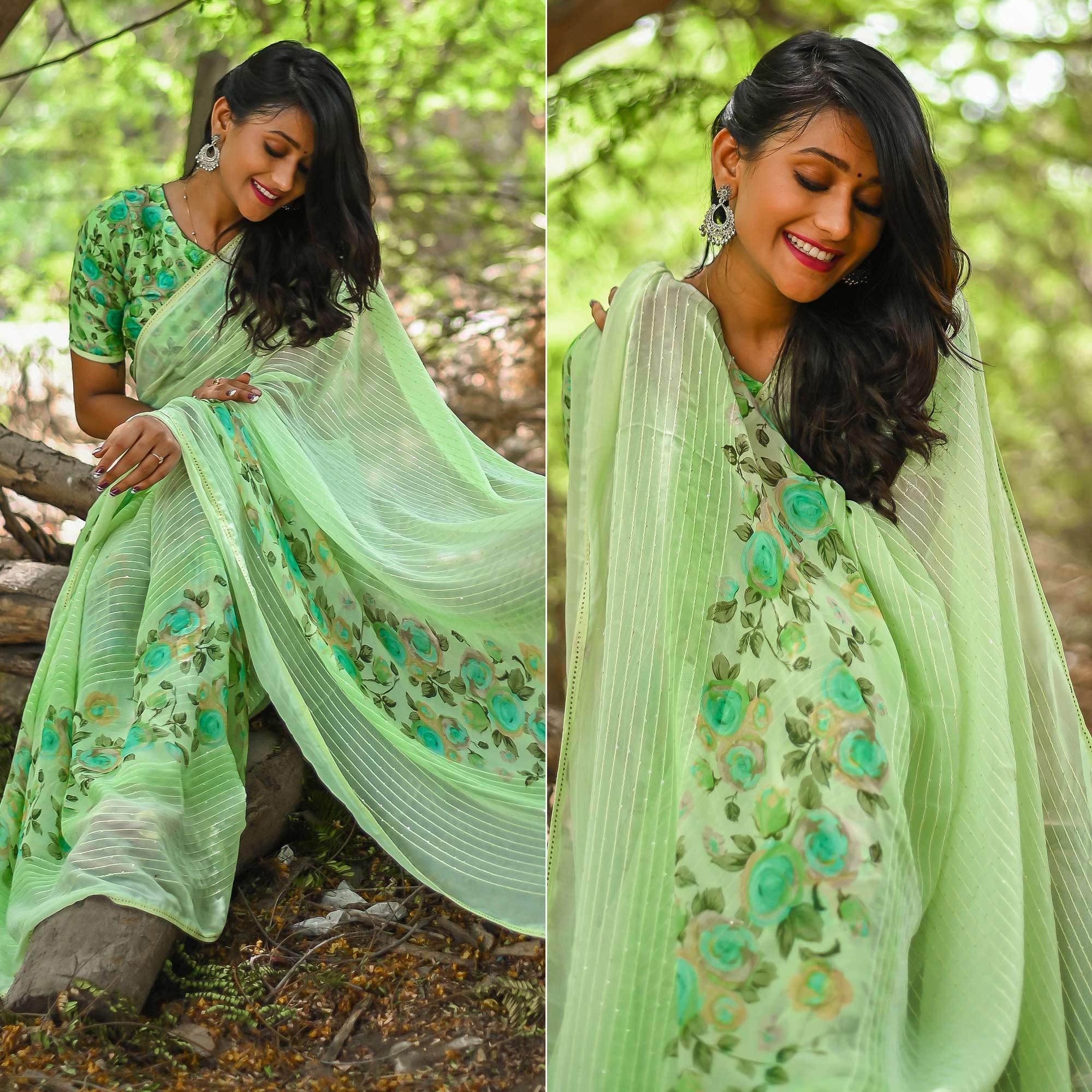 Green Sequence Embroidered Art Silk Saree - Peachmode