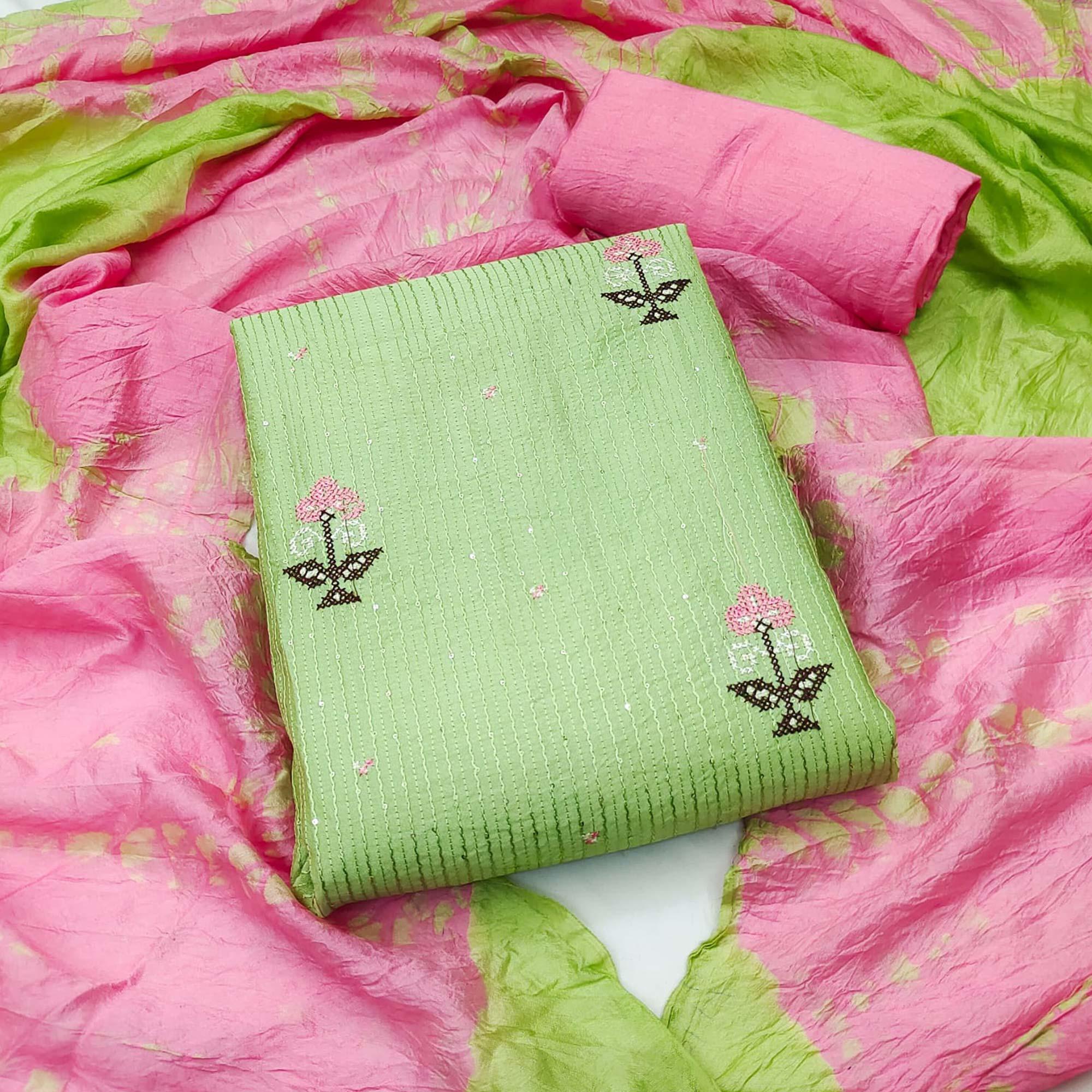 Green Sequence Embroidered Chanderi Dress Material - Peachmode