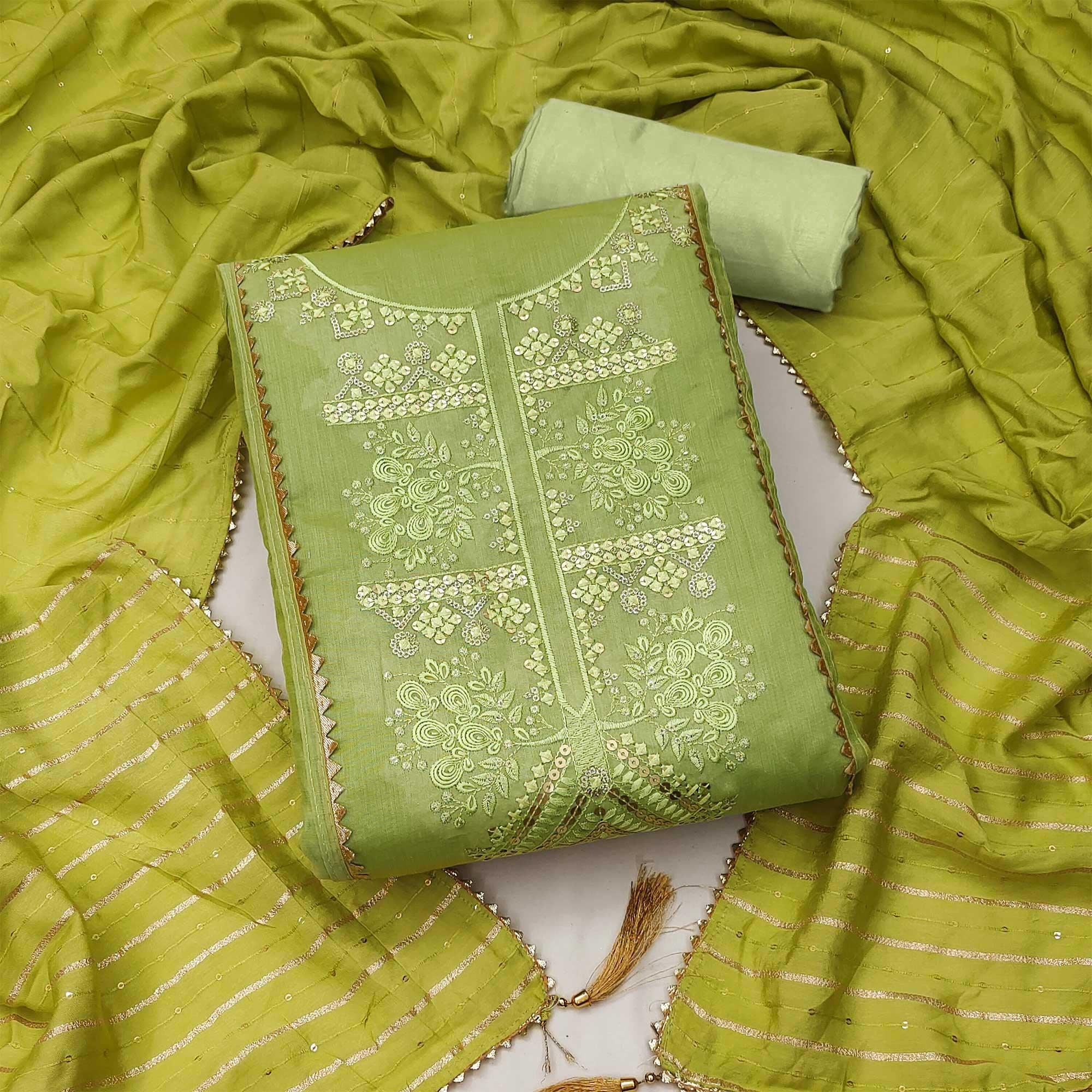 Green Sequence Embroidered Chanderi Dress Material - Peachmode