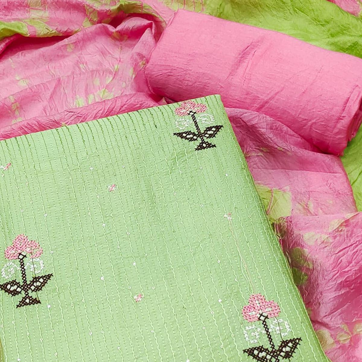 Green Sequence Embroidered Chanderi Dress Material - Peachmode