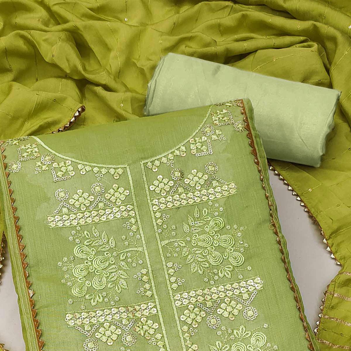 Green Sequence Embroidered Chanderi Dress Material - Peachmode