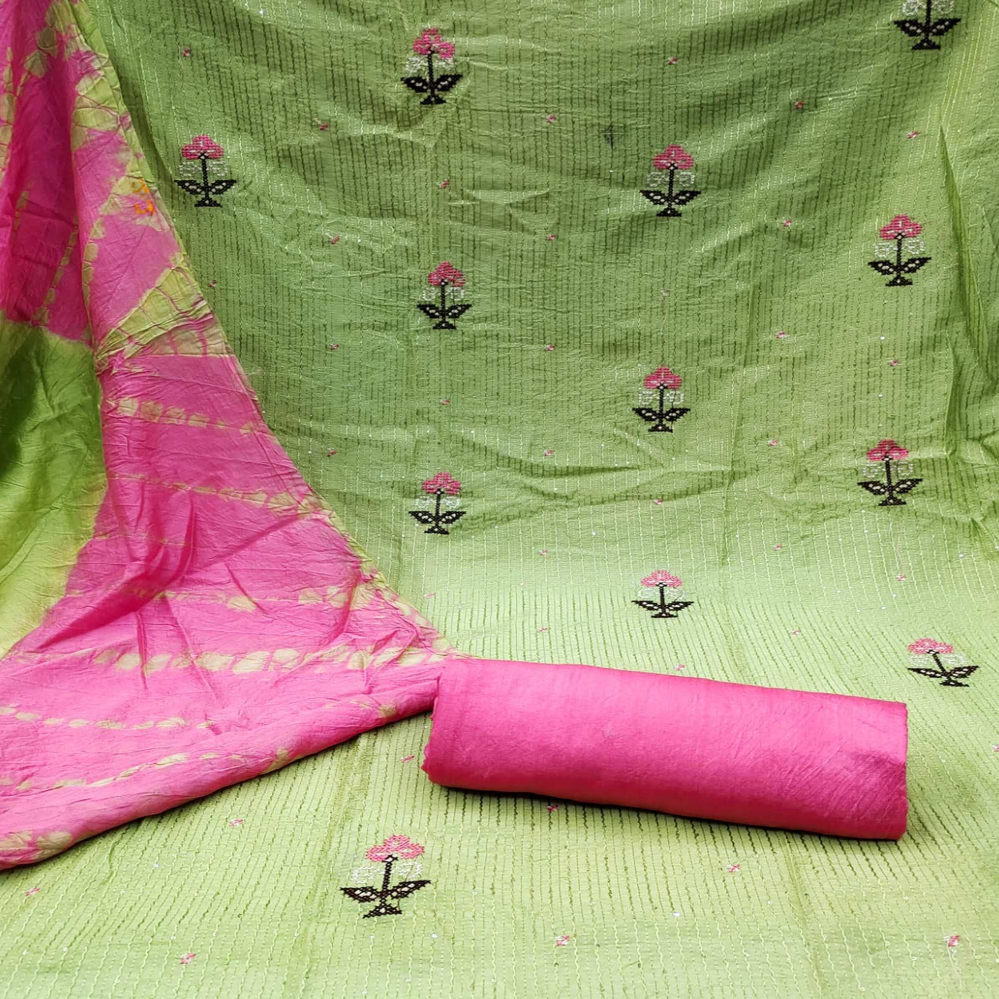 Green Sequence Embroidered Chanderi Dress Material - Peachmode