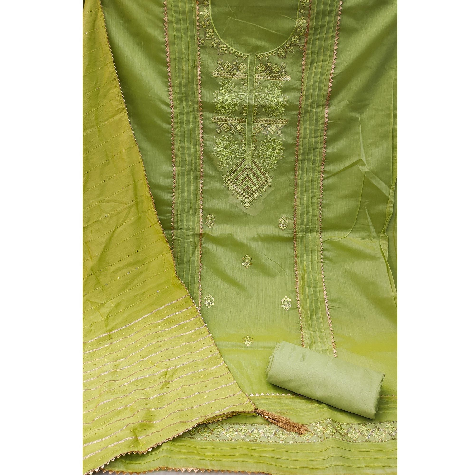 Green Sequence Embroidered Chanderi Dress Material - Peachmode