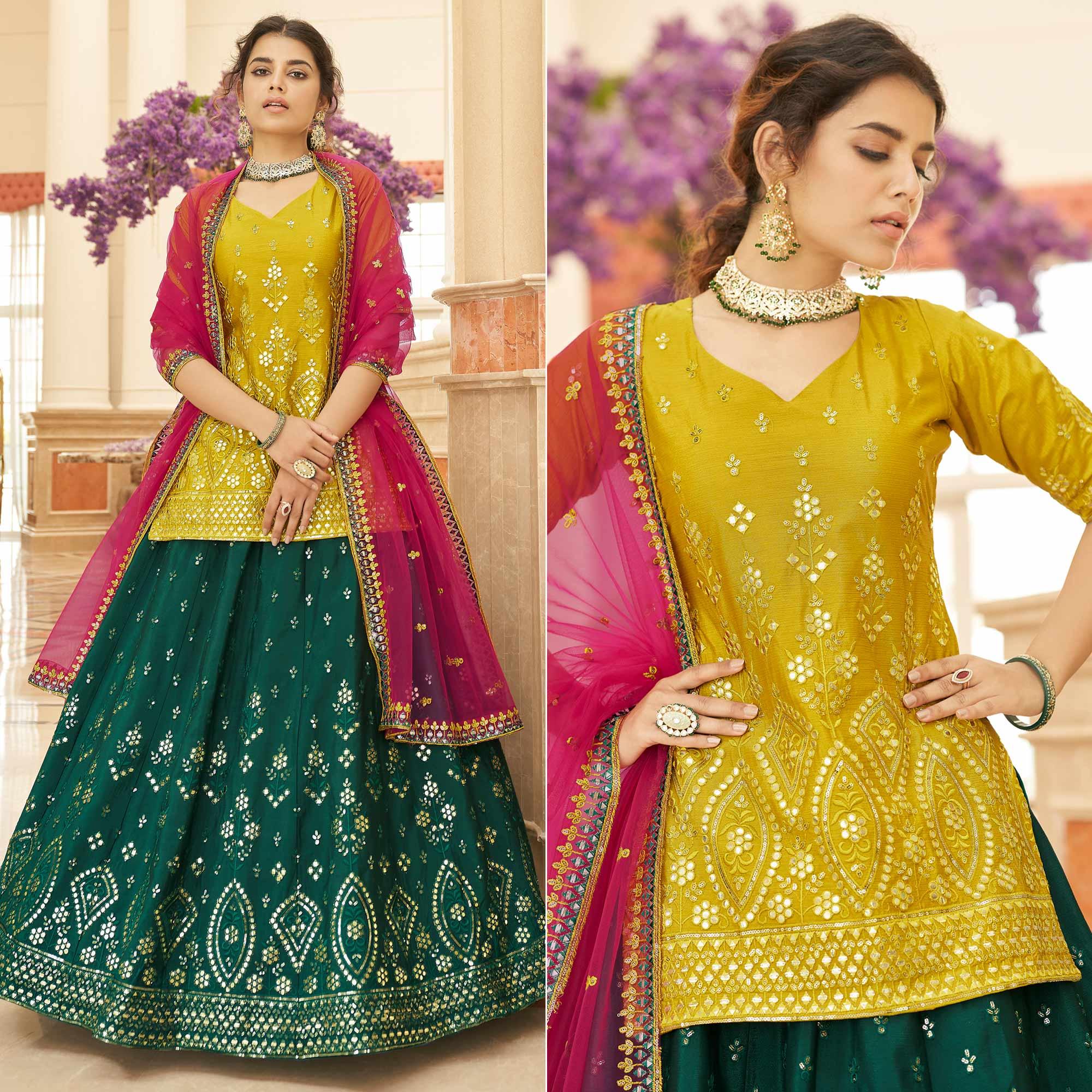 Green Sequence Embroidered Chiffon Lehenga Choli - Peachmode