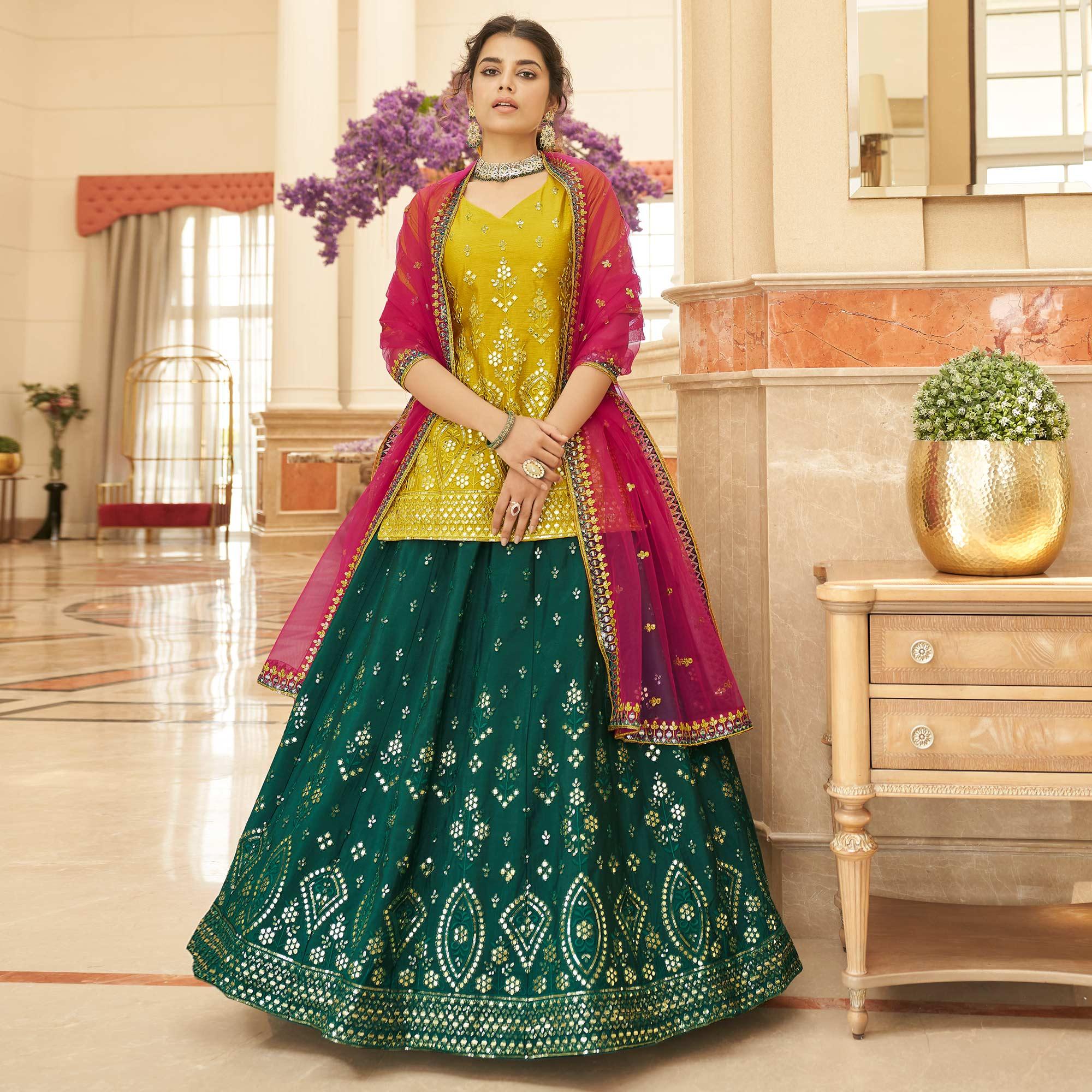 Green Sequence Embroidered Chiffon Lehenga Choli - Peachmode