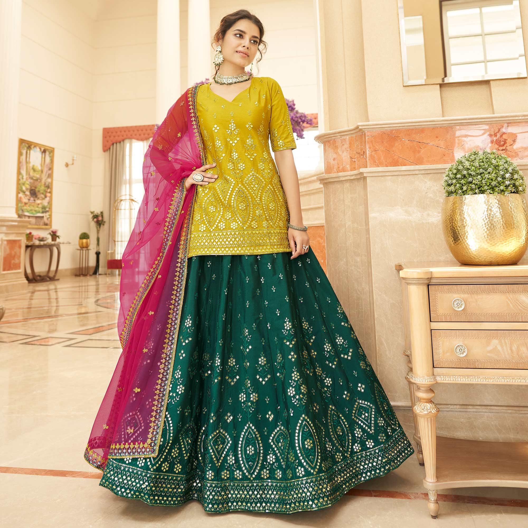 Green Sequence Embroidered Chiffon Lehenga Choli - Peachmode