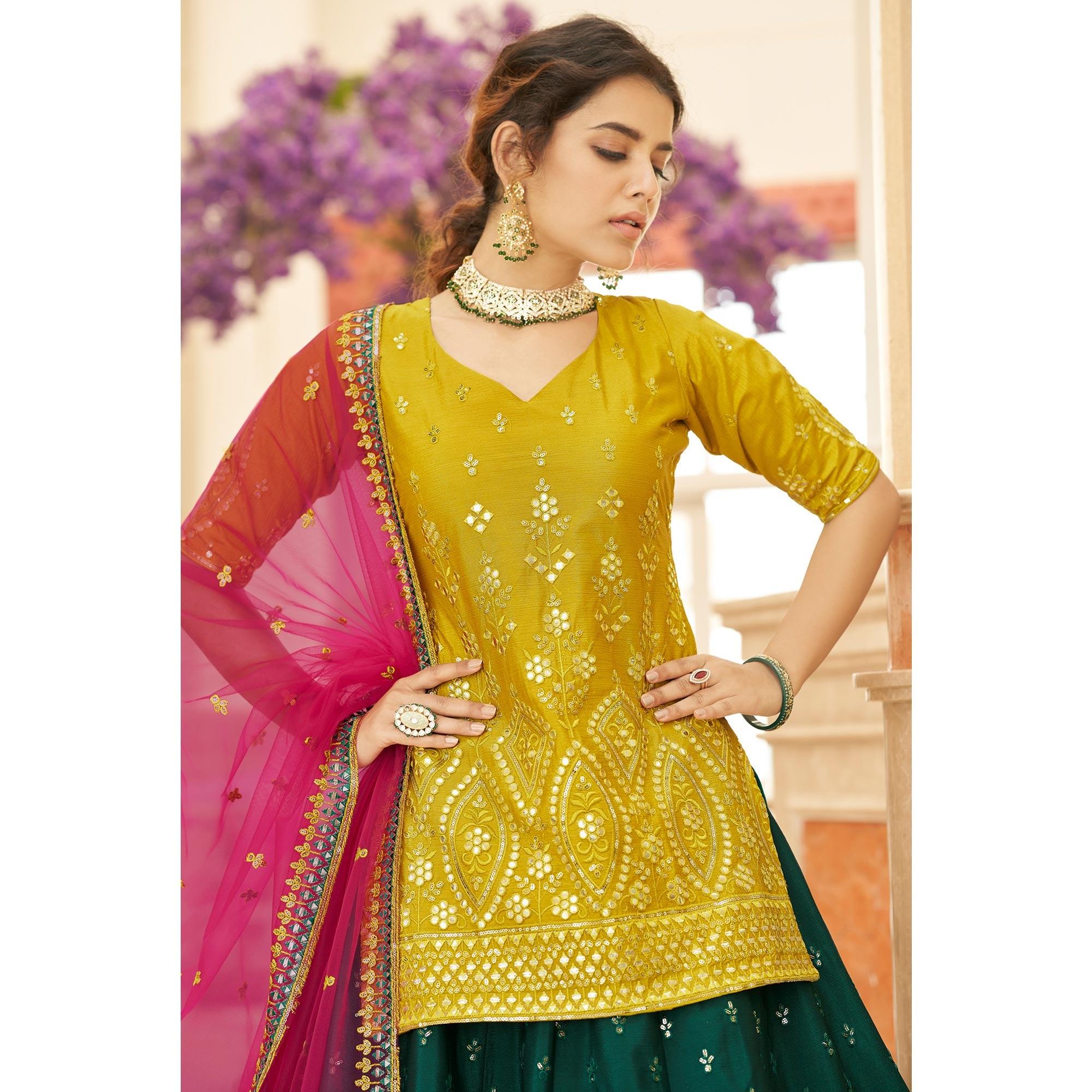 Green Sequence Embroidered Chiffon Lehenga Choli - Peachmode