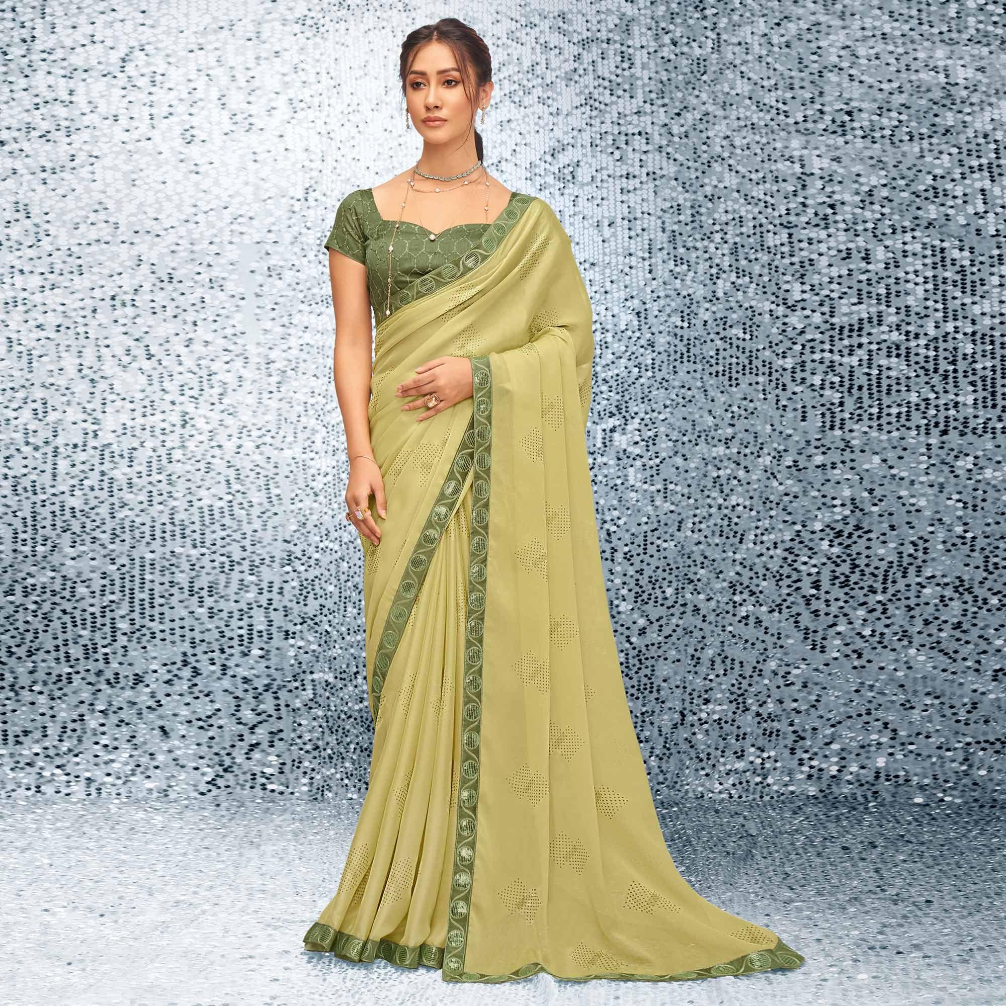Green Sequence Embroidered Chiffon Saree - Peachmode