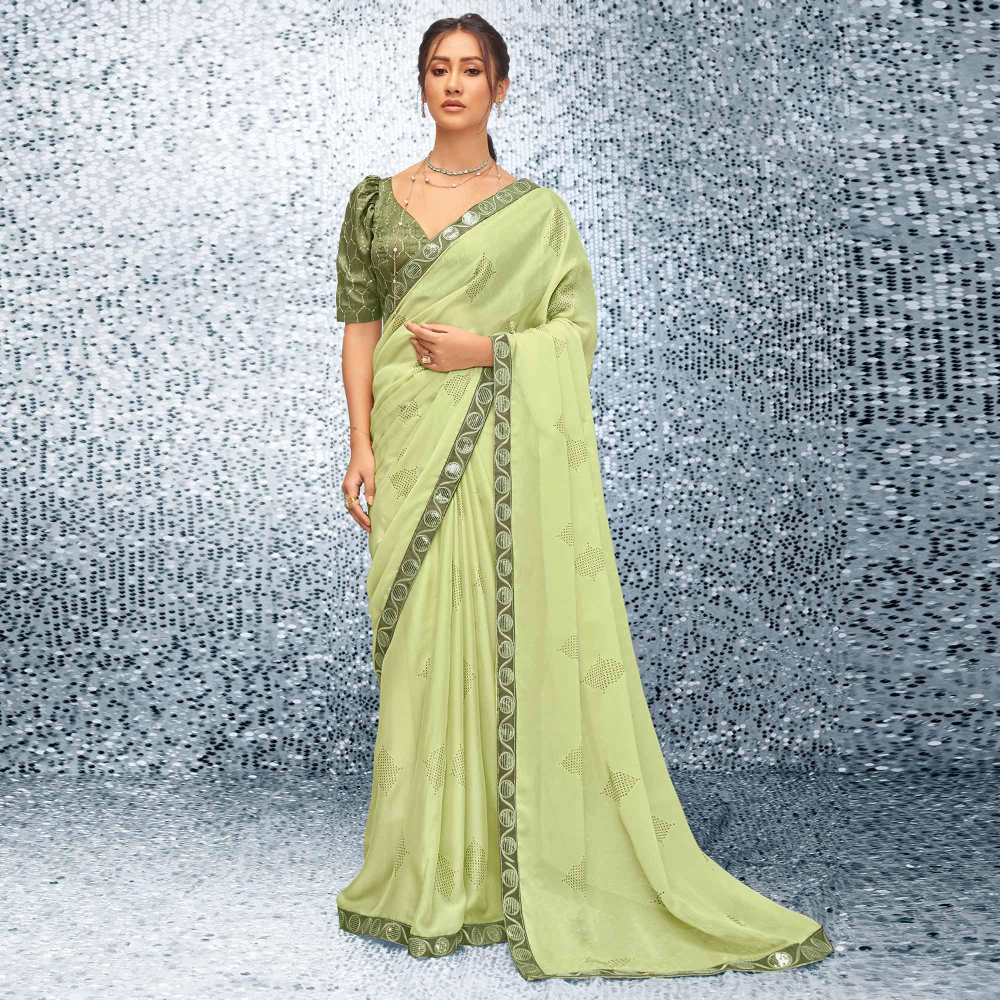 Green Sequence Embroidered Chiffon Saree - Peachmode