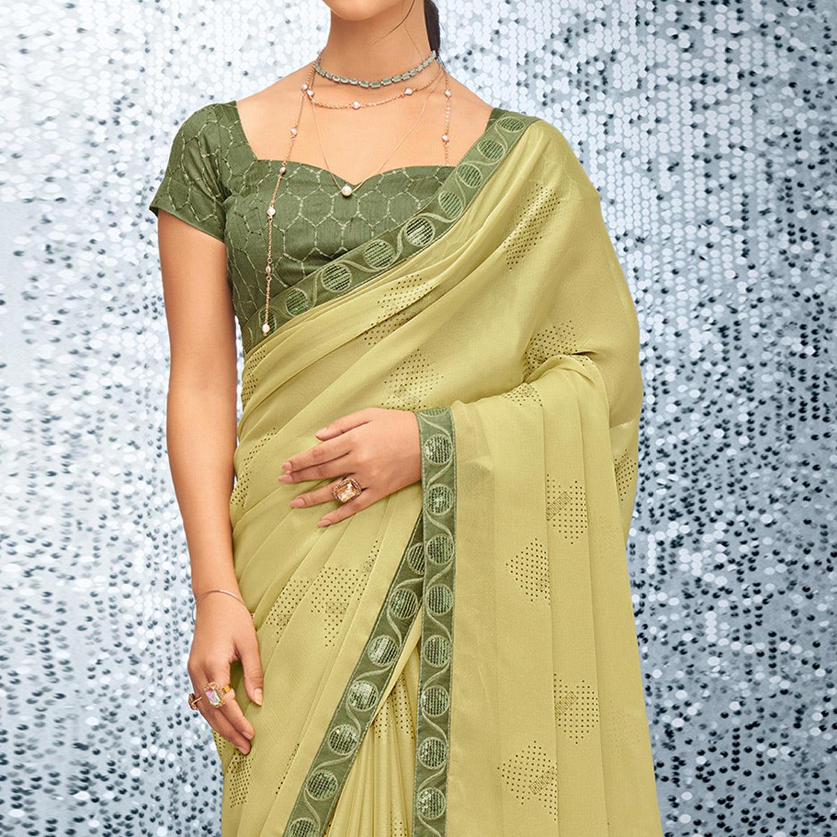 Green Sequence Embroidered Chiffon Saree - Peachmode