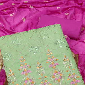 Green Sequence Embroidered Cotton Dress Material - Peachmode