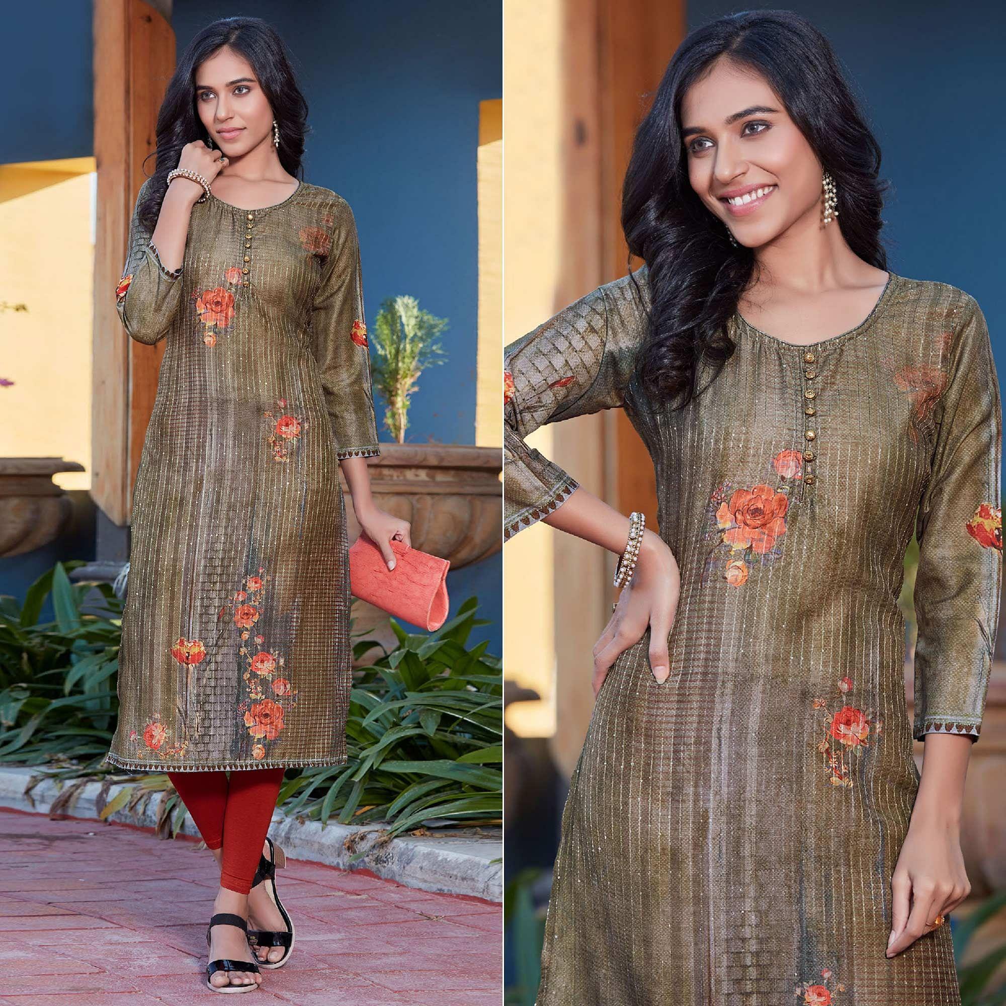 Green Sequence Embroidered Cotton Silk Kurti - Peachmode