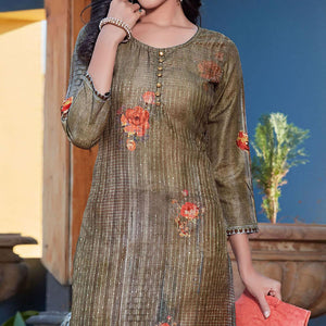 Green Sequence Embroidered Cotton Silk Kurti - Peachmode