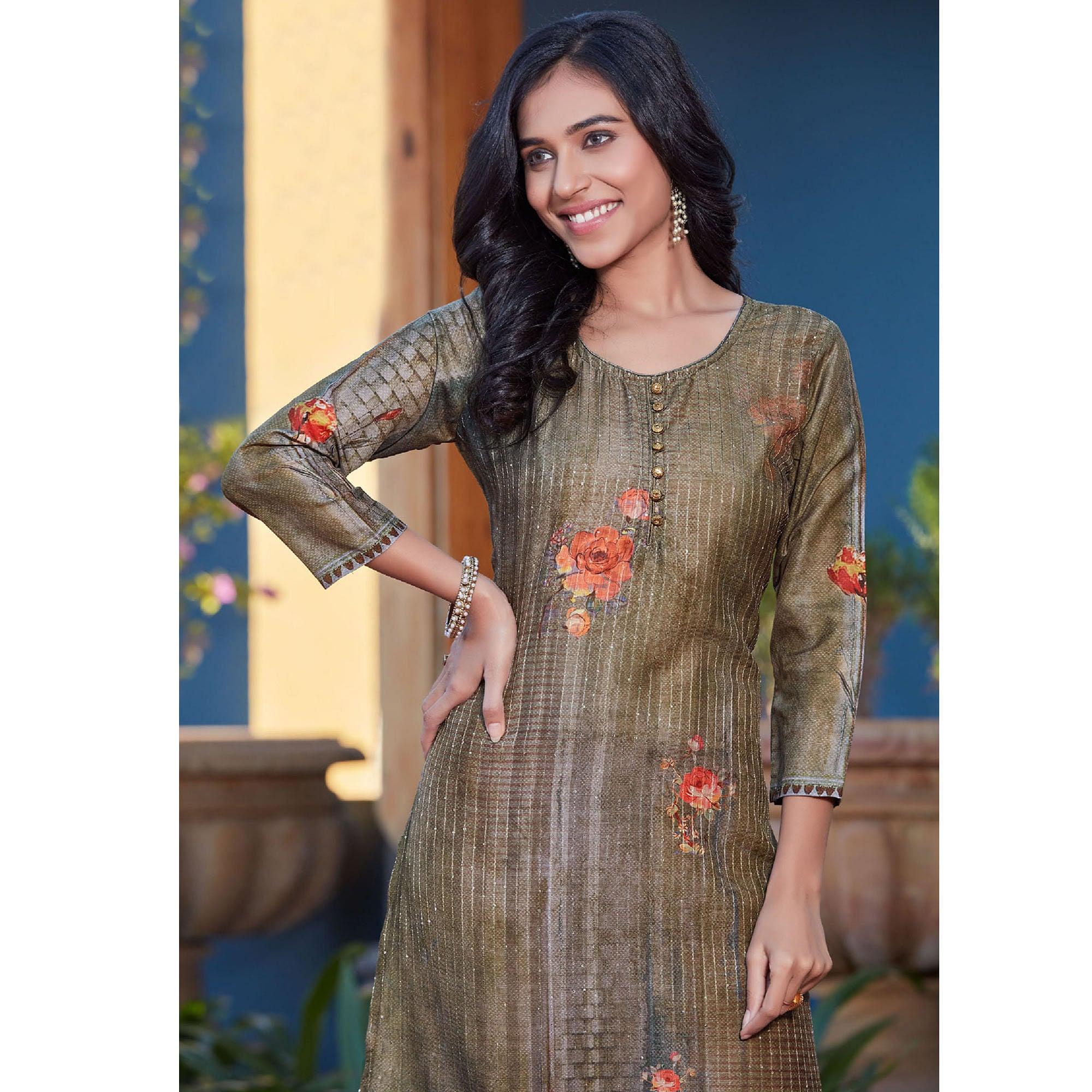 Green Sequence Embroidered Cotton Silk Kurti - Peachmode