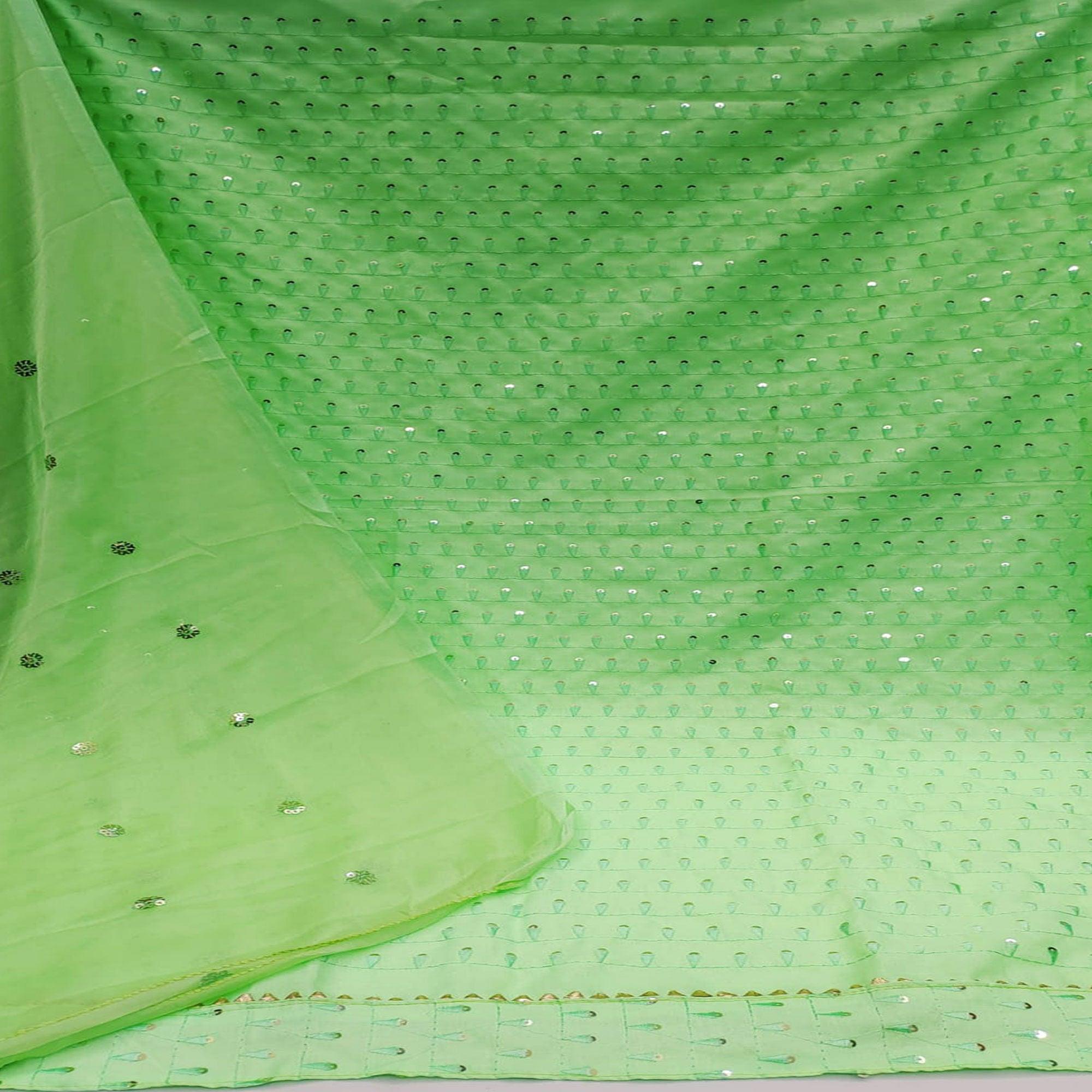 Green Sequence Embroidered Cotton Slub Dress Material - Peachmode