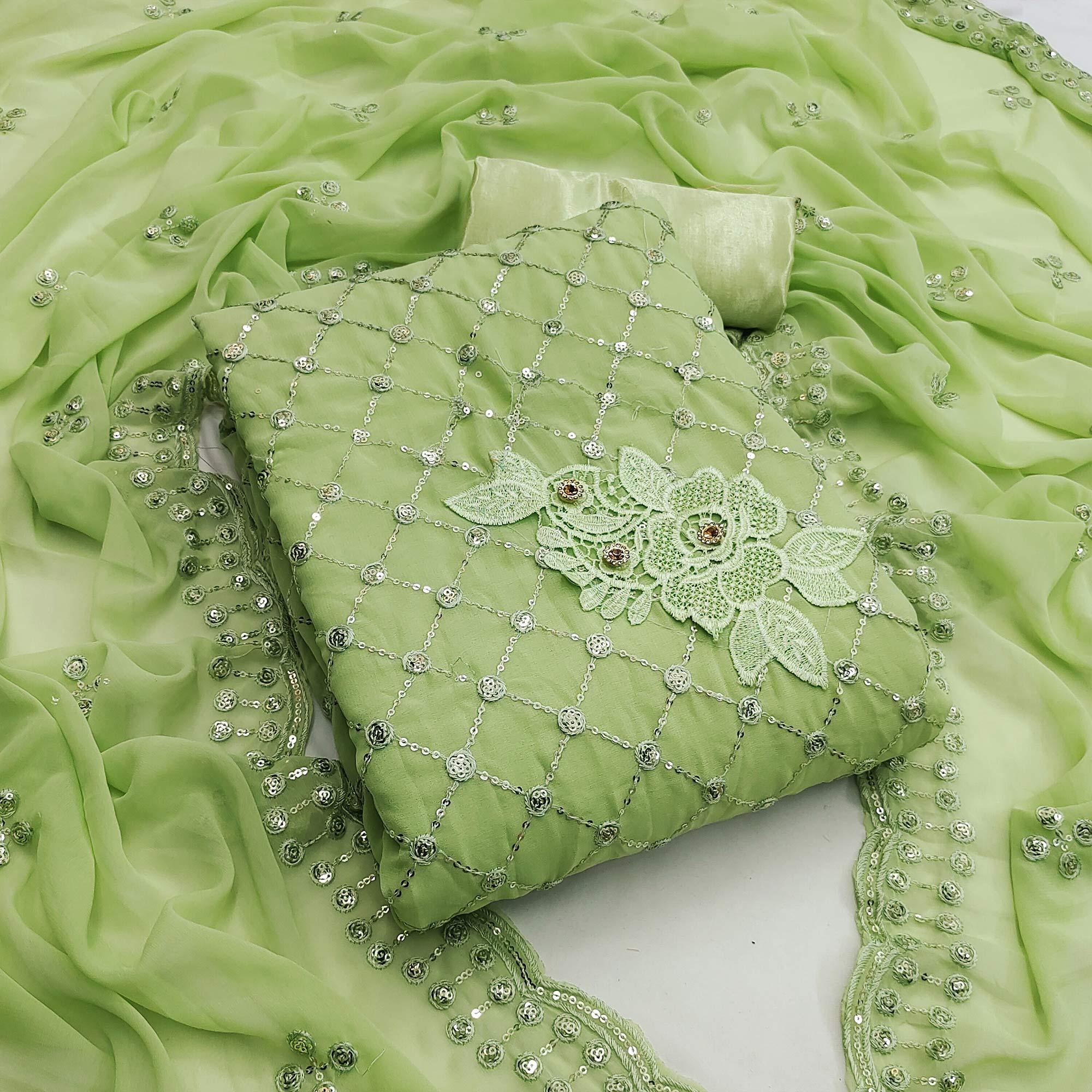 Green Sequence Embroidered Georgette Dress Material - Peachmode