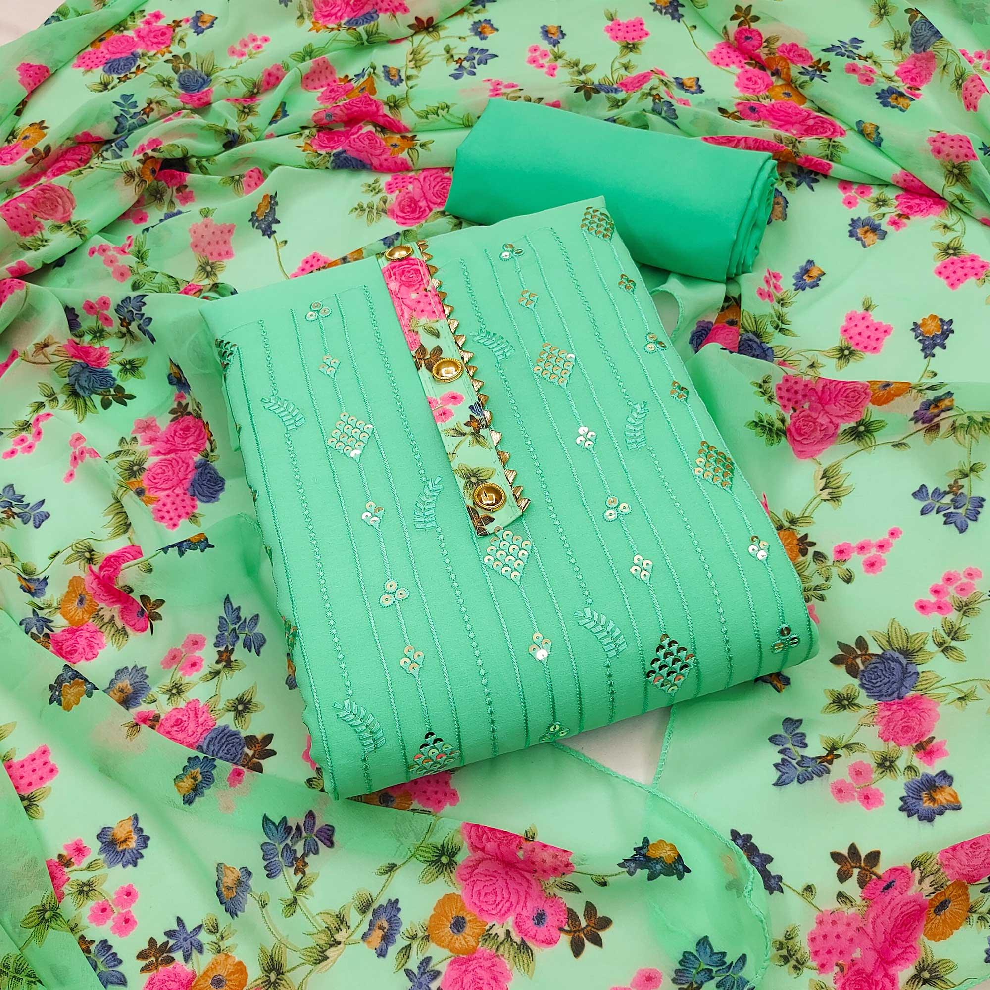 Green Sequence Embroidered Georgette Dress Material - Peachmode