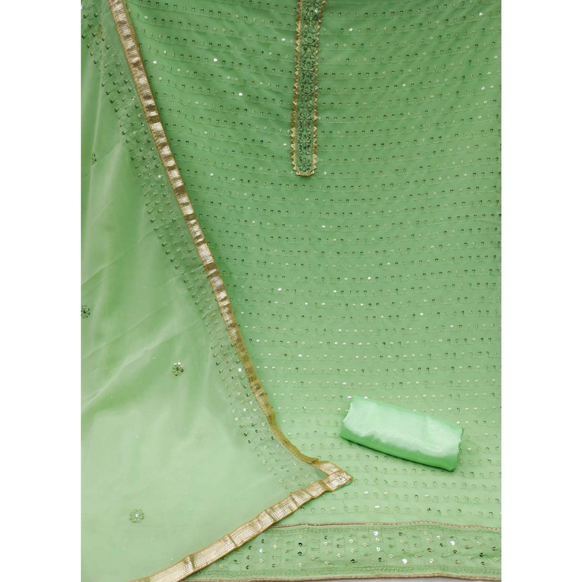Green Sequence Embroidered Georgette Dress Material - Peachmode