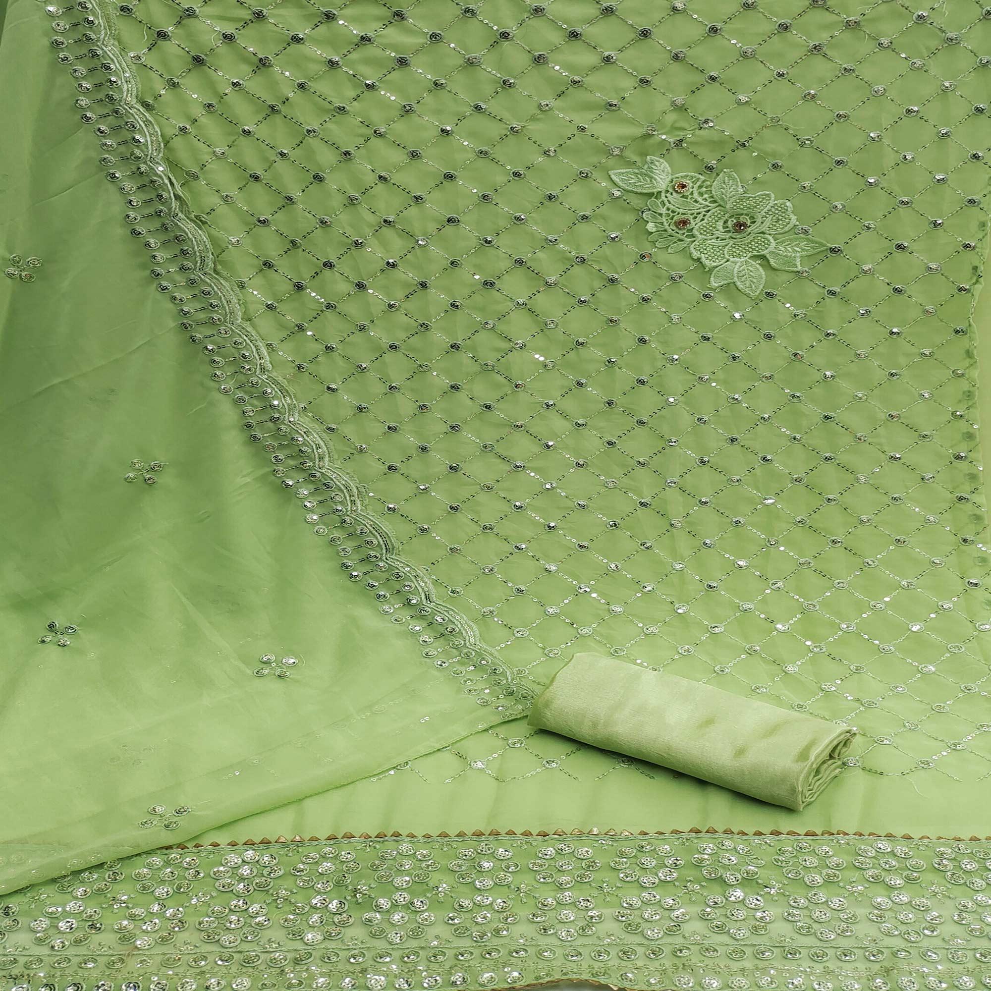 Green Sequence Embroidered Georgette Dress Material - Peachmode