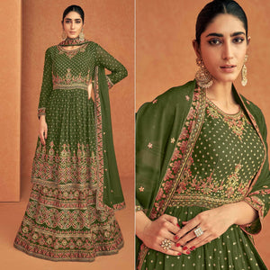 Green Sequence Embroidered Georgette Lehenga With Top - Peachmode