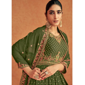 Green Sequence Embroidered Georgette Lehenga With Top - Peachmode