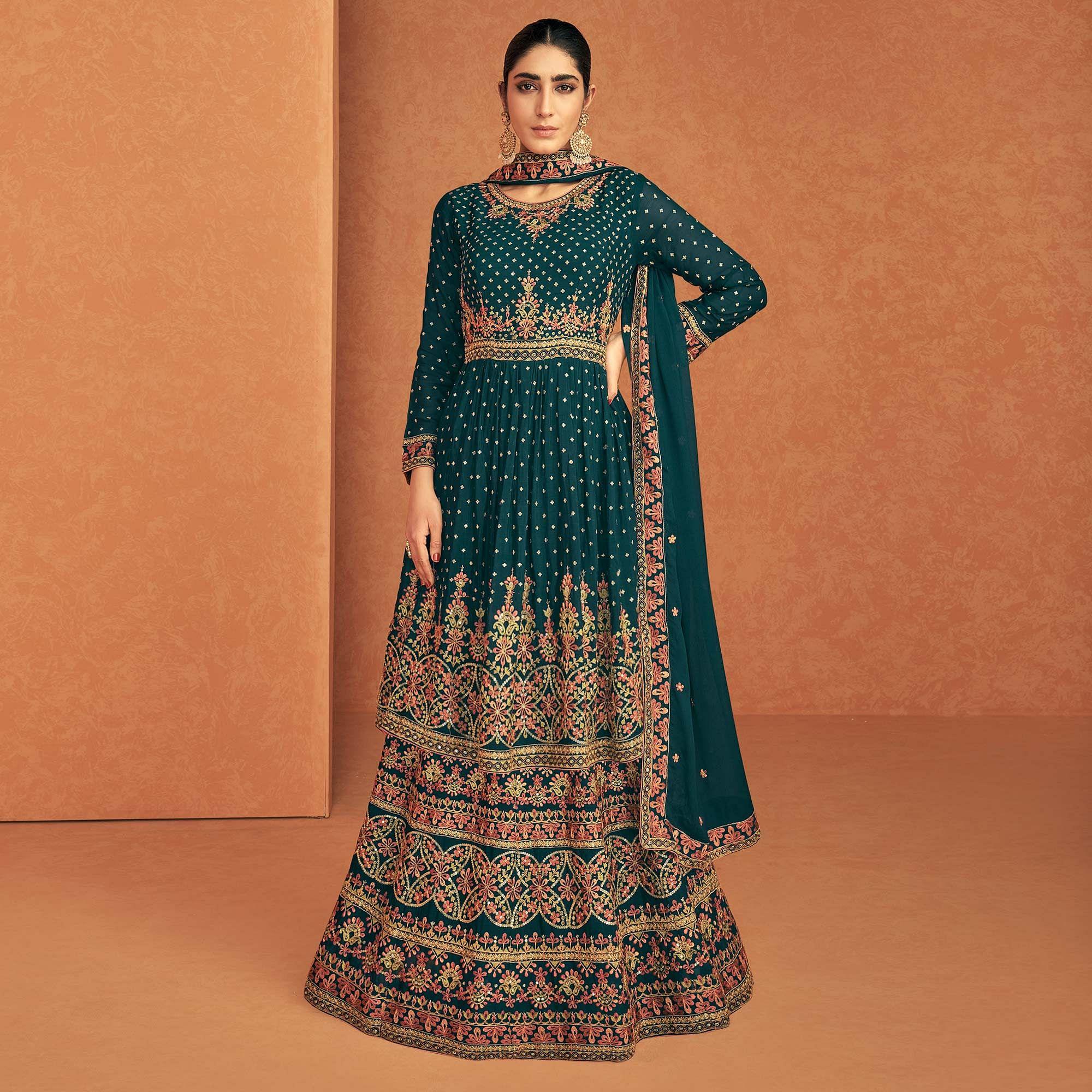 Green Sequence Embroidered Georgette Lehenga With Top - Peachmode