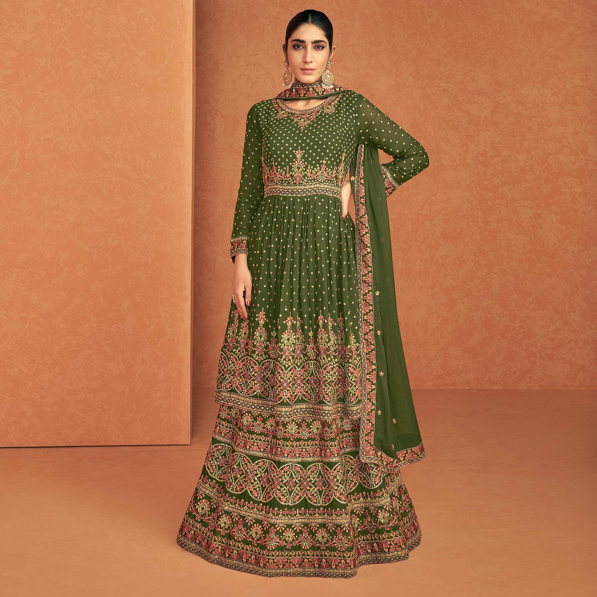Green Sequence Embroidered Georgette Lehenga With Top - Peachmode
