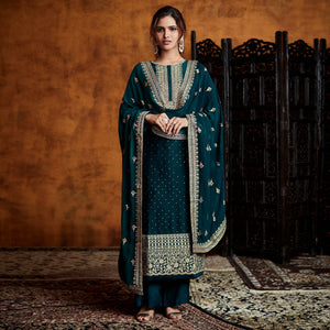 Green Sequence Embroidered Georgette Partywear Suit - Peachmode