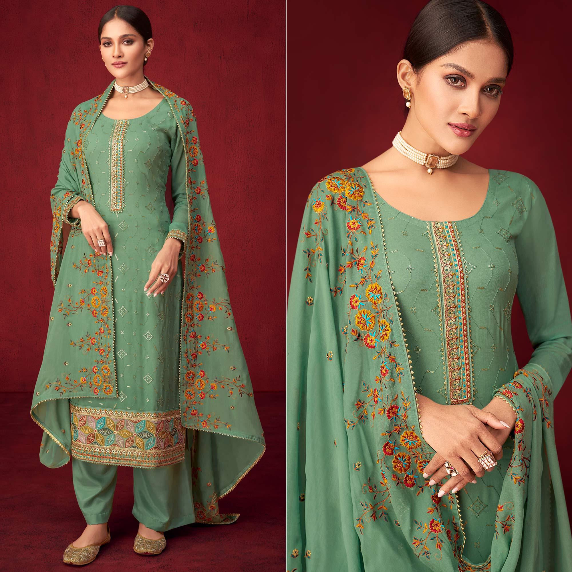 Green Sequence Embroidered Georgette Partywear Suit - Peachmode
