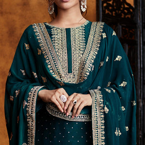 Green Sequence Embroidered Georgette Partywear Suit - Peachmode