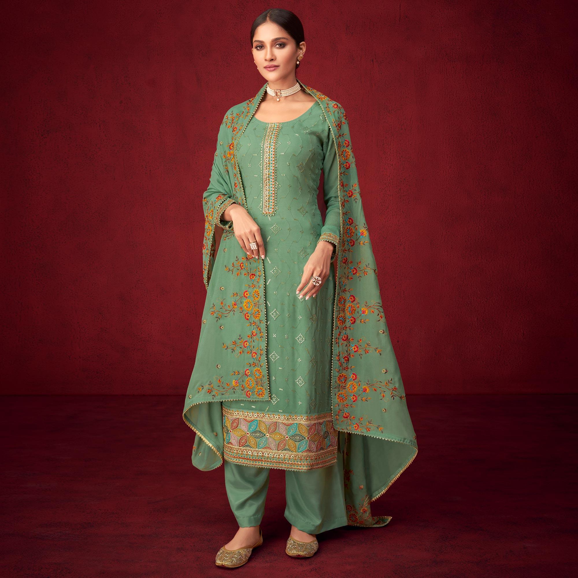 Green Sequence Embroidered Georgette Partywear Suit - Peachmode