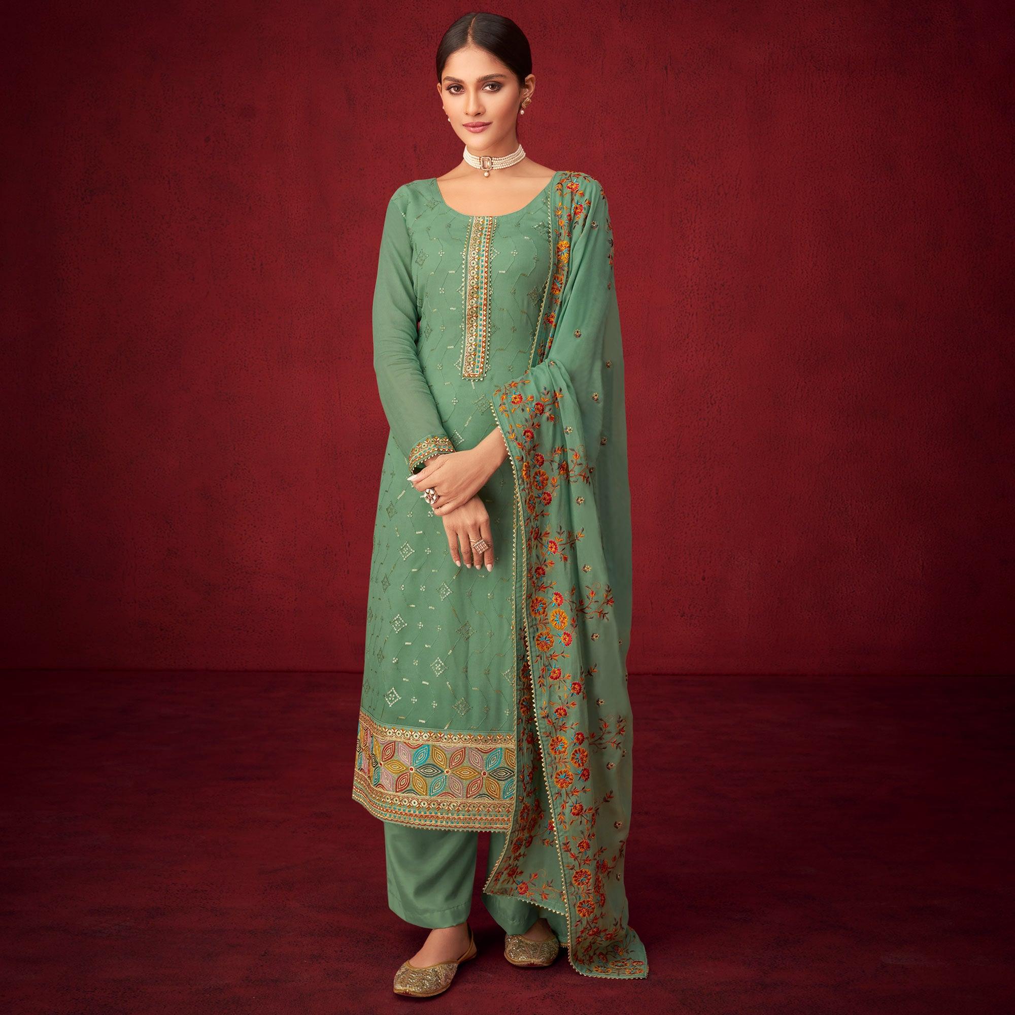 Green Sequence Embroidered Georgette Partywear Suit - Peachmode