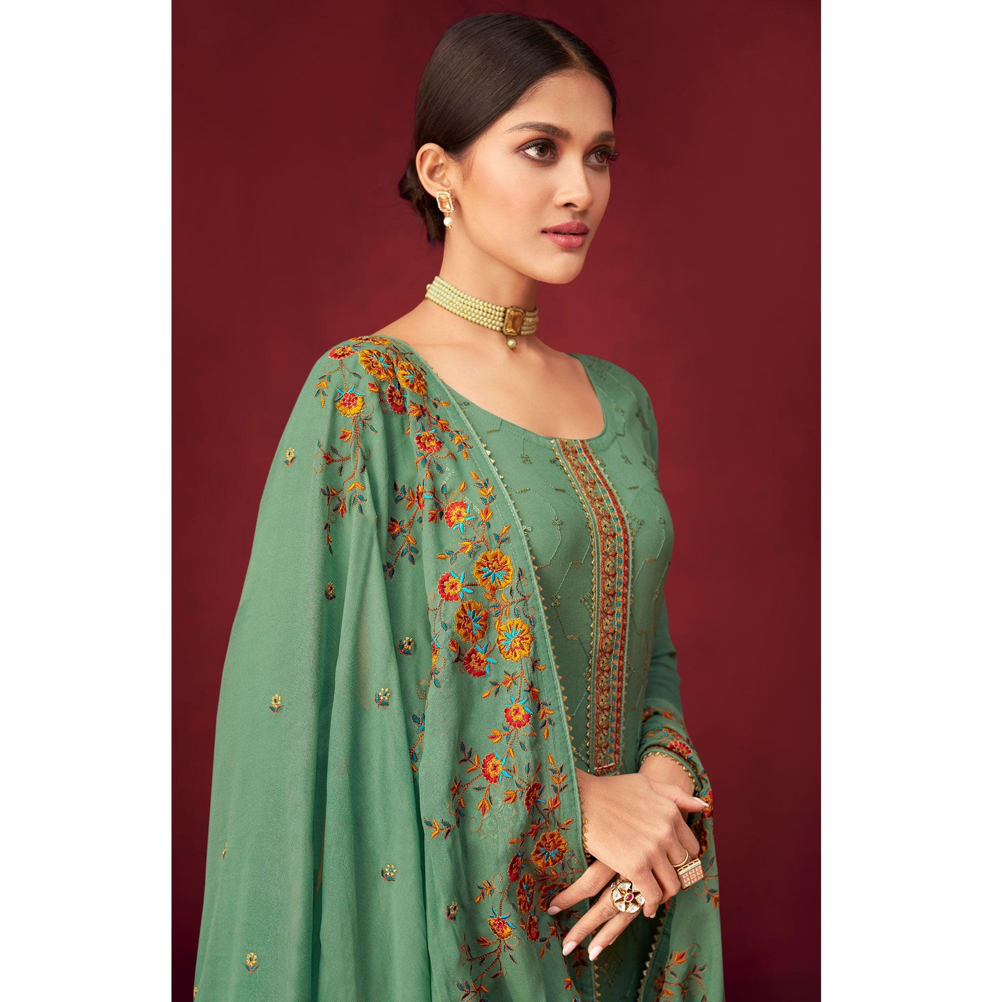 Green Sequence Embroidered Georgette Partywear Suit - Peachmode