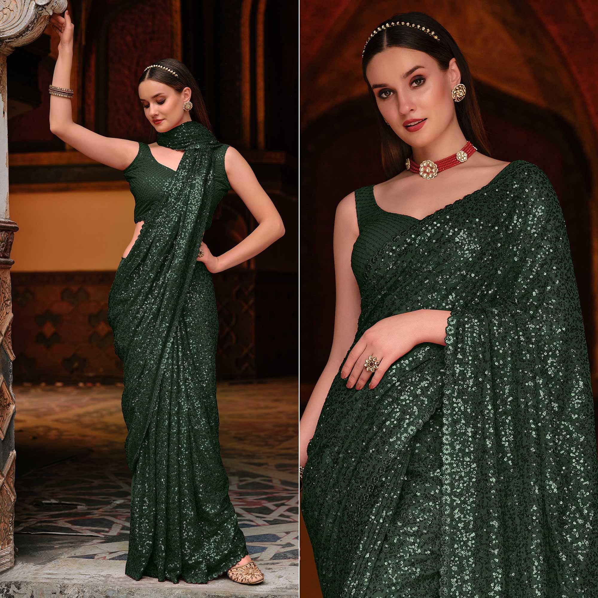 Green Sequence Embroidered Georgette Saree - Peachmode