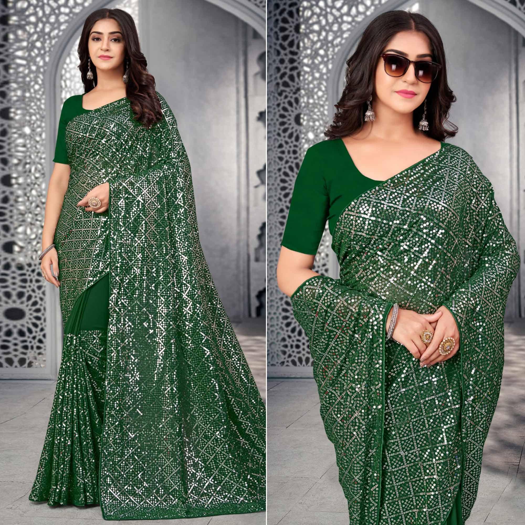 Green Sequence Embroidered Georgette Saree - Peachmode