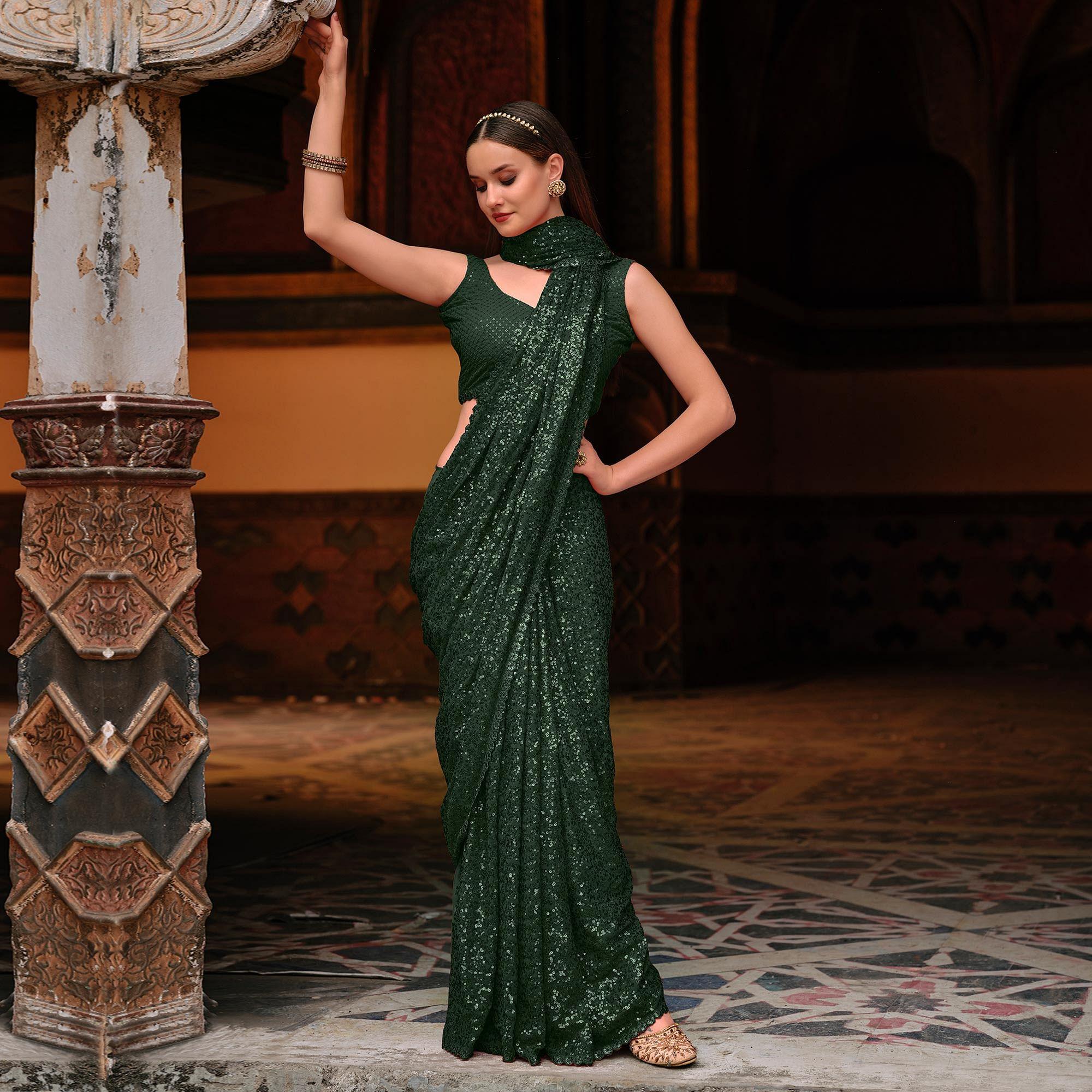 Green Sequence Embroidered Georgette Saree - Peachmode