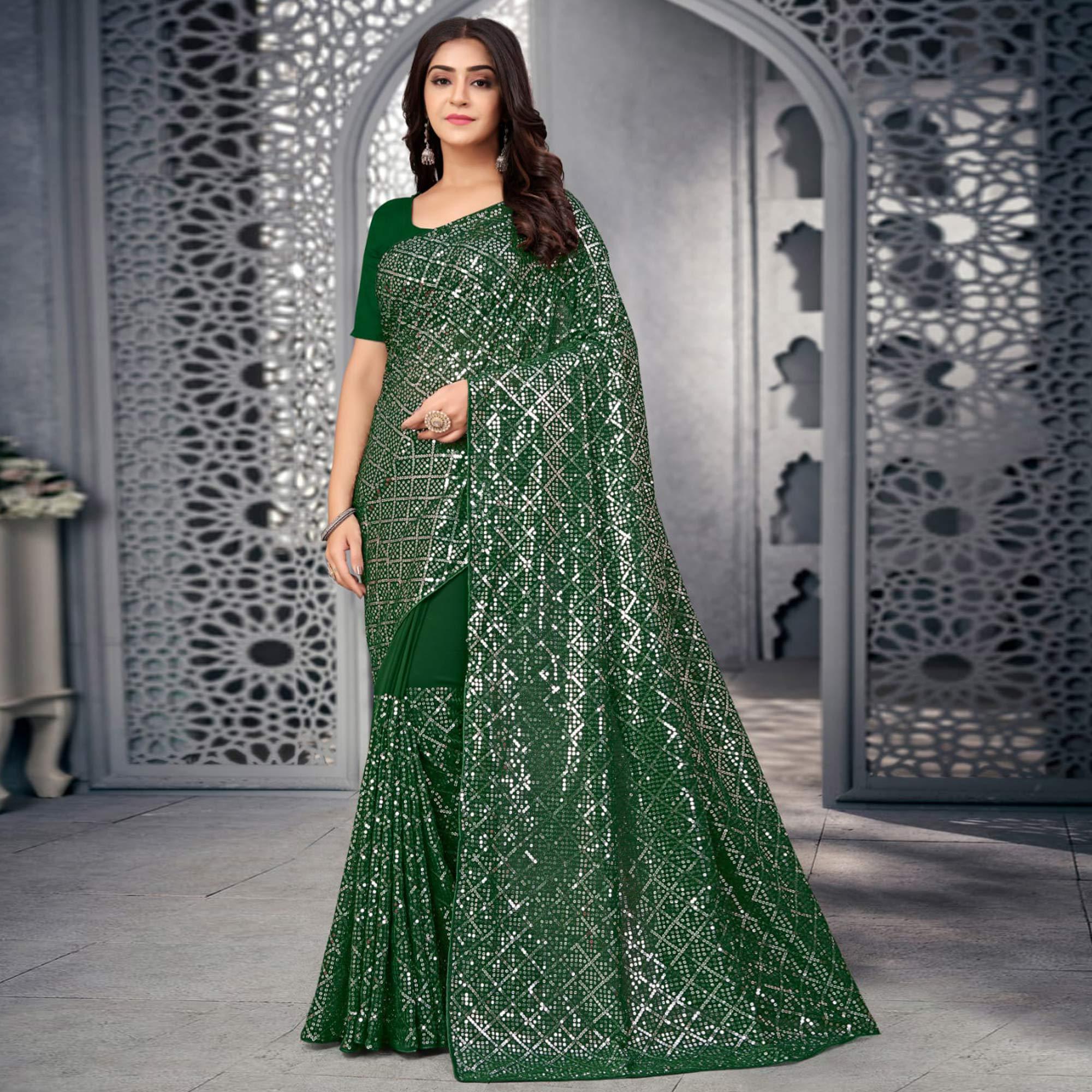 Green Sequence Embroidered Georgette Saree - Peachmode